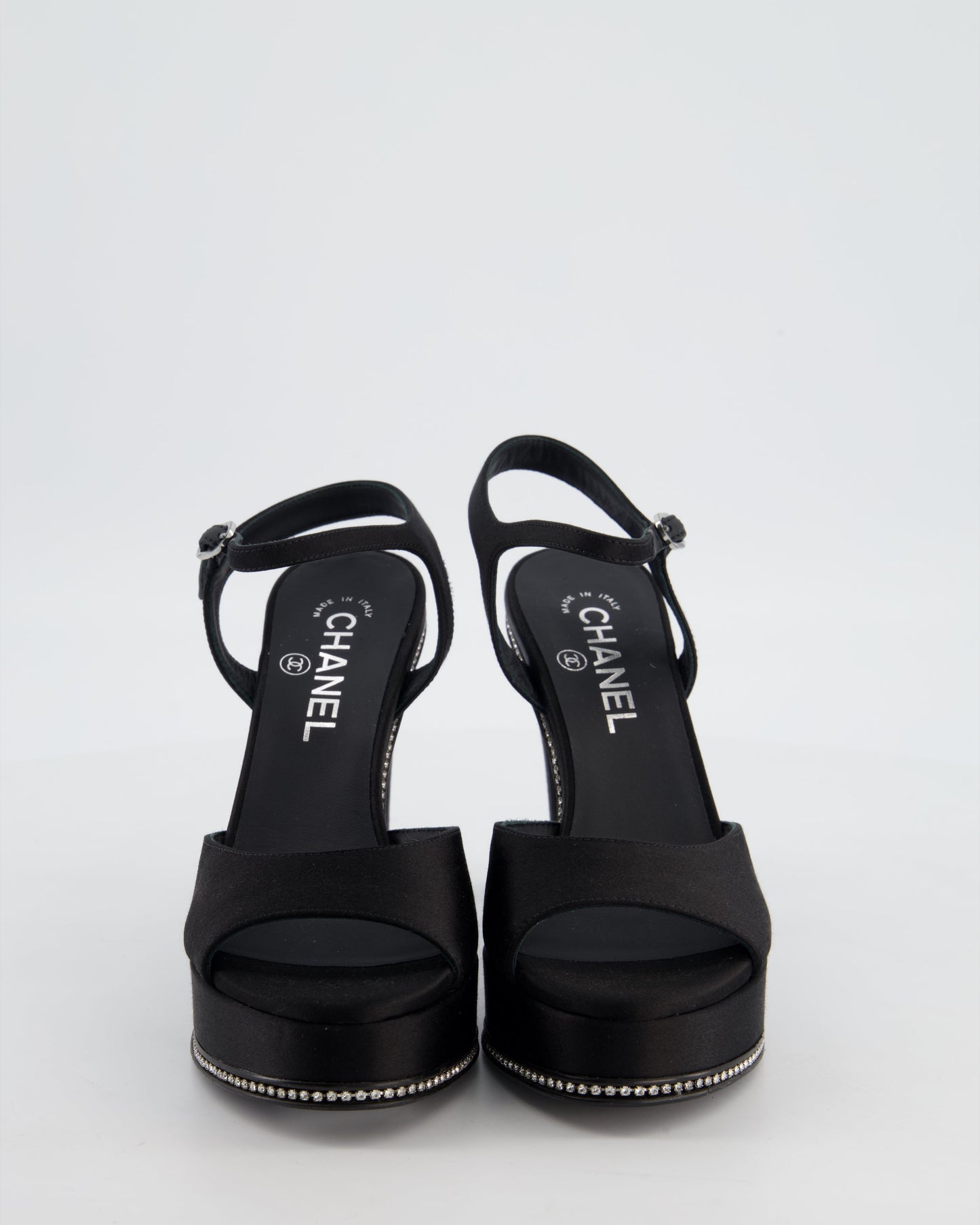 Chanel 23S Black Platform Open Toe Heels in Satin with Crystals & Stitched CC Logo Details Size EU 37 RRP £1,470
