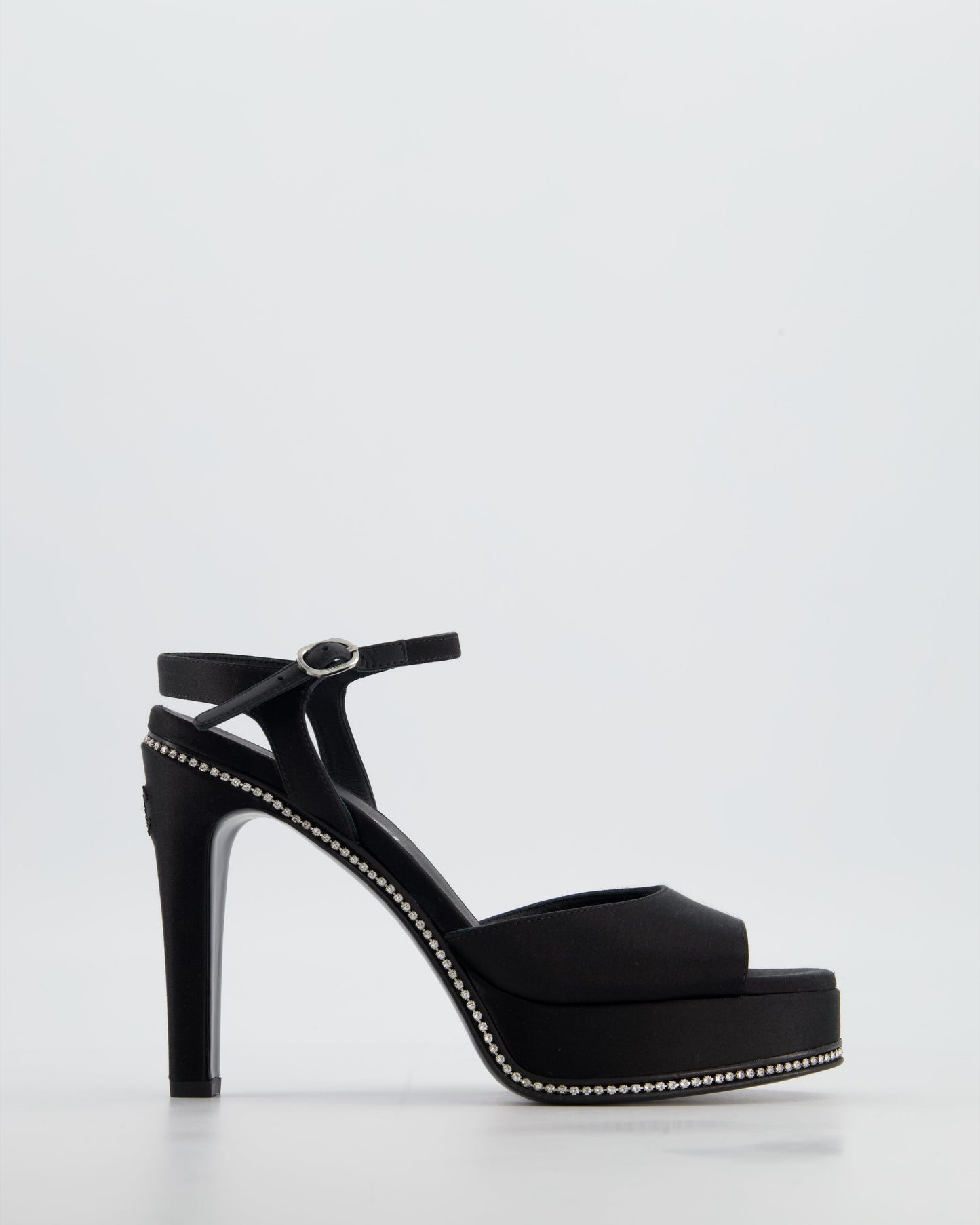 Chanel 23S Black Platform Open Toe Heels in Satin with Crystals & Stitched CC Logo Details Size EU 37 RRP £1,470
