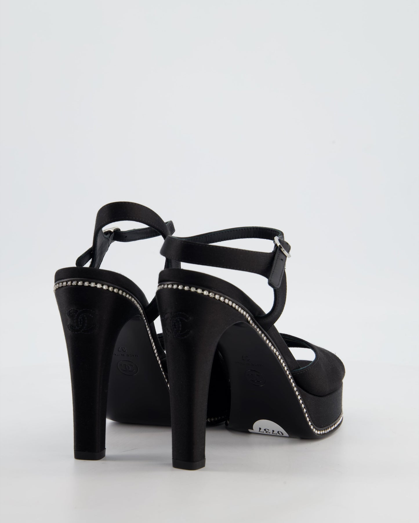 Chanel 23S Black Platform Open Toe Heels in Satin with Crystals & Stitched CC Logo Details Size EU 37 RRP £1,470