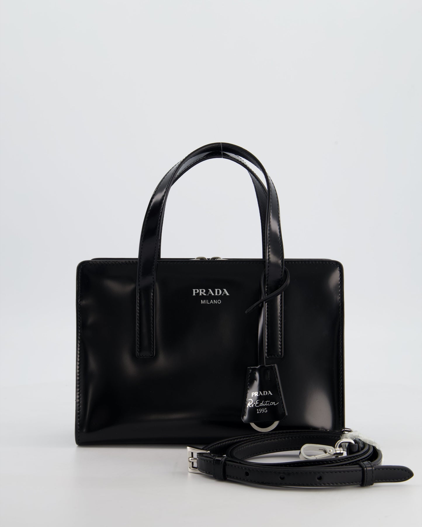 *FIRE PRICE* Prada Black Re-Edition 1995 Mini Top Handle Tote Bag in Brushed Calfskin Leather with Palladium Hardware RRP £2,900