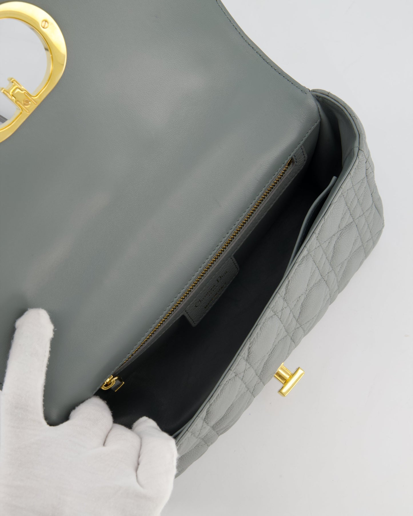 *FIRE PRICE* Christian Dior Grey Large Caro Supple Cannage Calfskin Leather Flap Bag With Gold Hardware