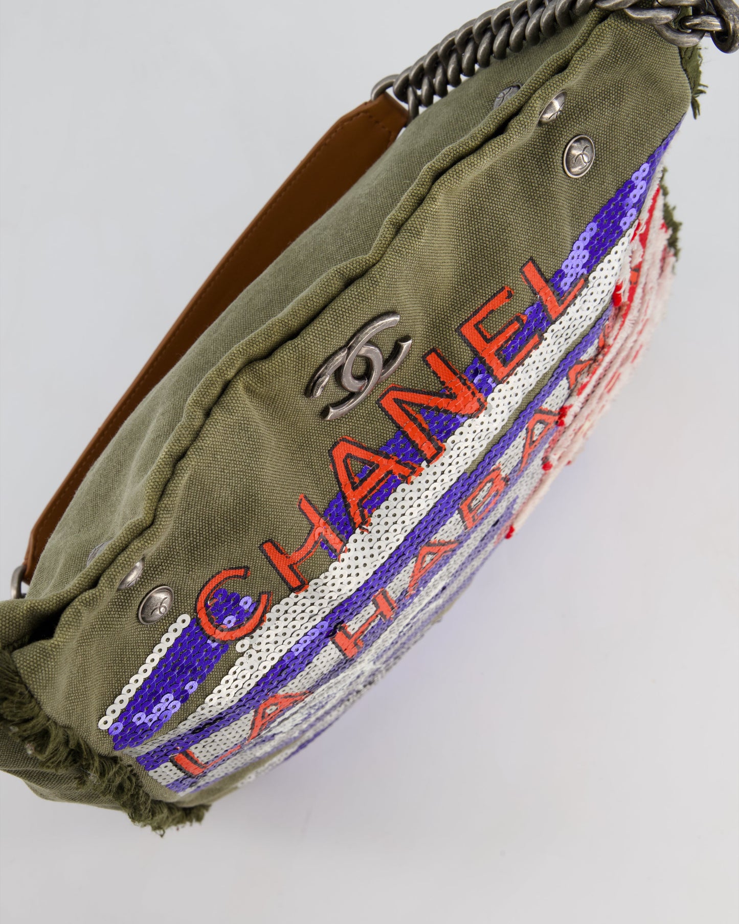 Chanel Khaki Canvas La Habana Casa de Moda Silver, Navy and Red Sequin Embellished Tote Bag with Ruthenium Hardware