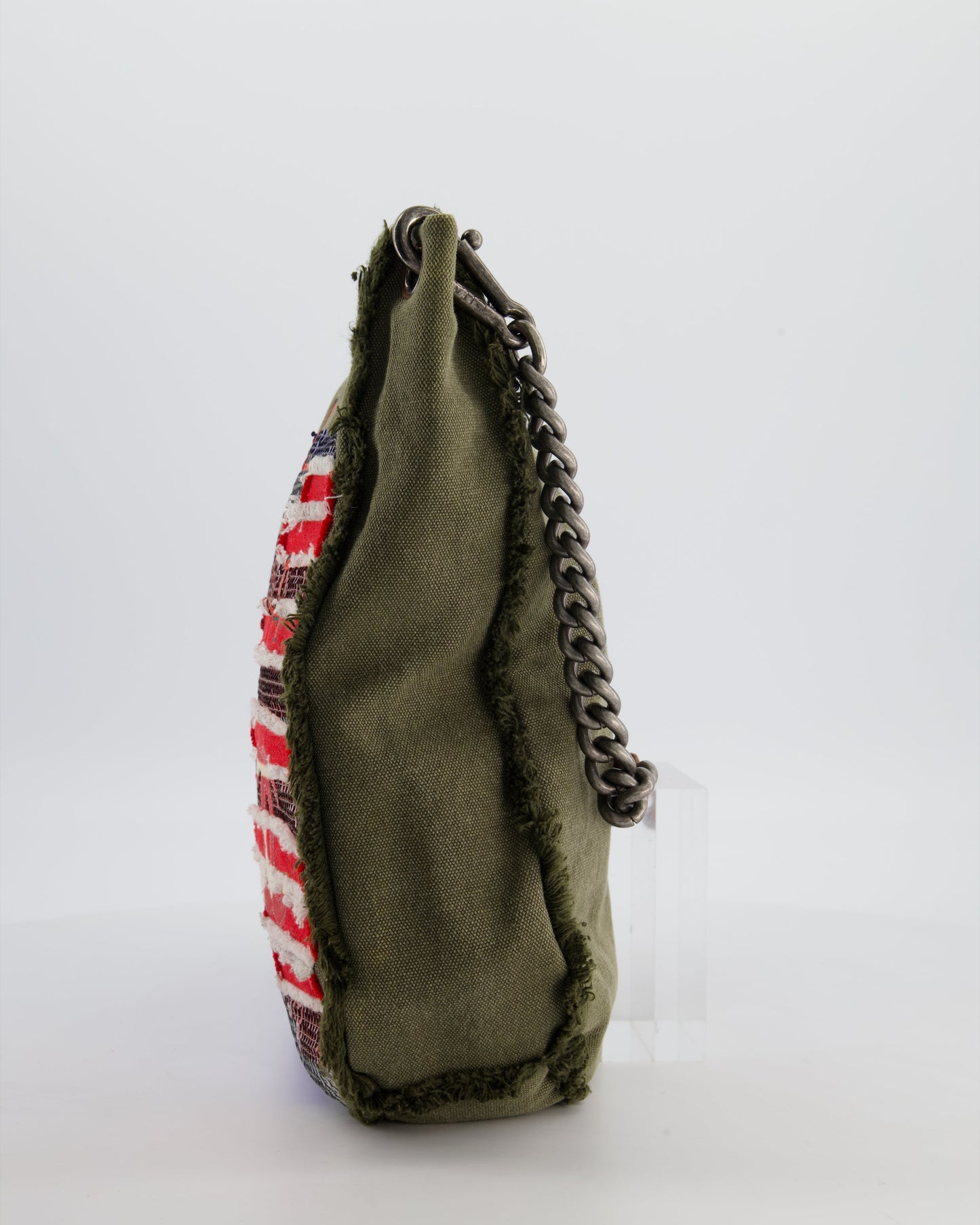 Chanel Khaki Canvas La Habana Casa de Moda Silver, Navy and Red Sequin Embellished Tote Bag with Ruthenium Hardware
