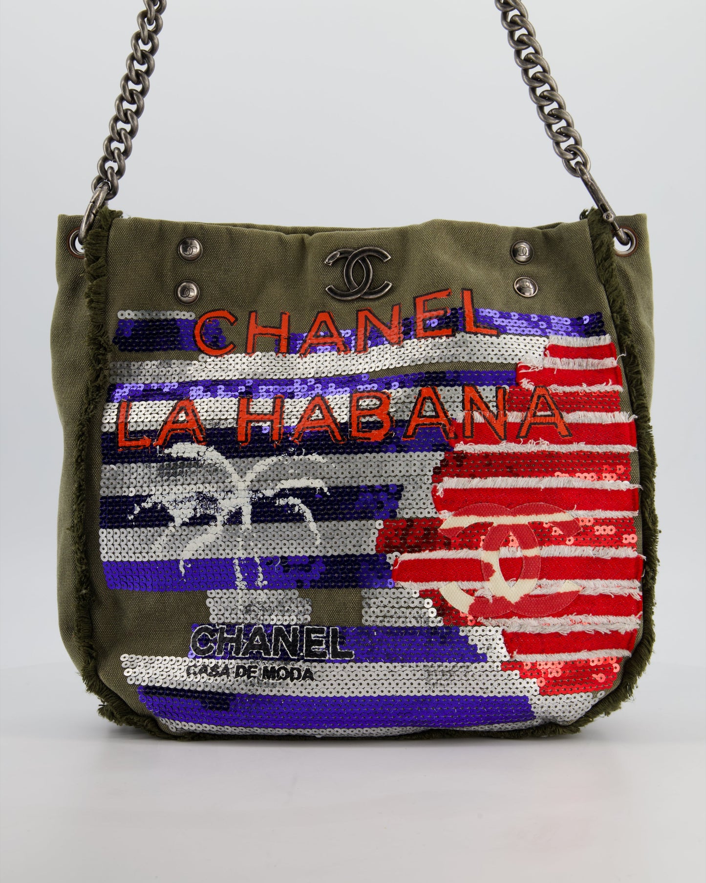 Chanel Khaki Canvas La Habana Casa de Moda Silver, Navy and Red Sequin Embellished Tote Bag with Ruthenium Hardware