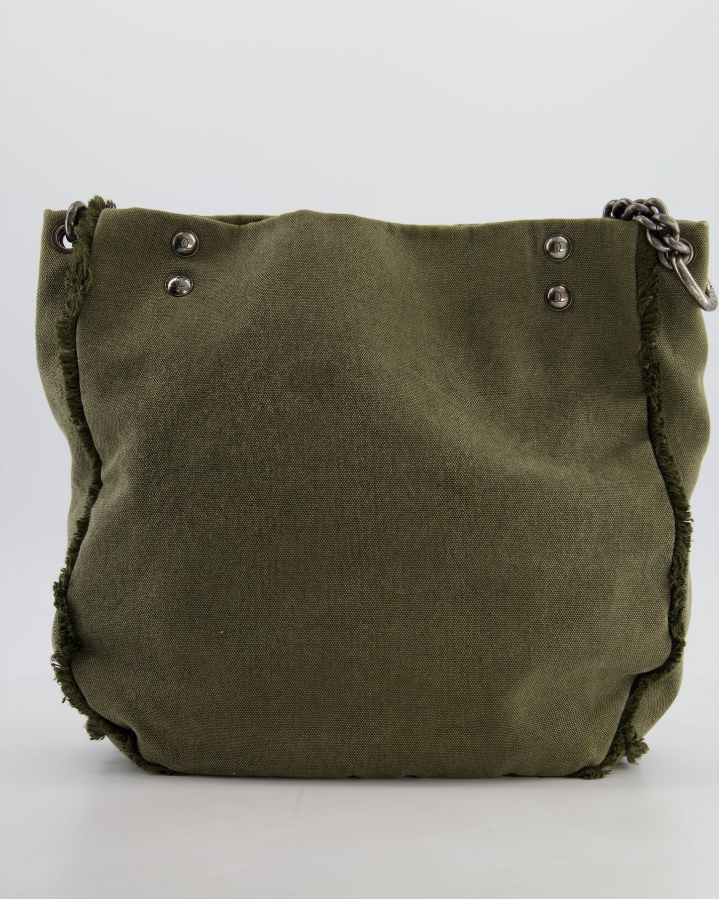 Chanel Khaki Canvas La Habana Casa de Moda Silver, Navy and Red Sequin Embellished Tote Bag with Ruthenium Hardware