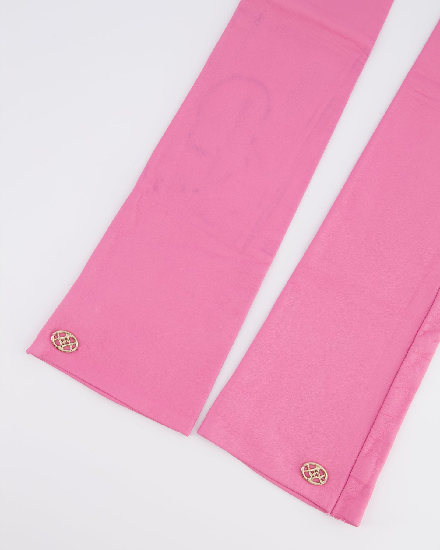 Chanel 18K Pink Lambskin Leather Long Mitten Gloves with Gold CC Logo Details Size 6 1/2cm