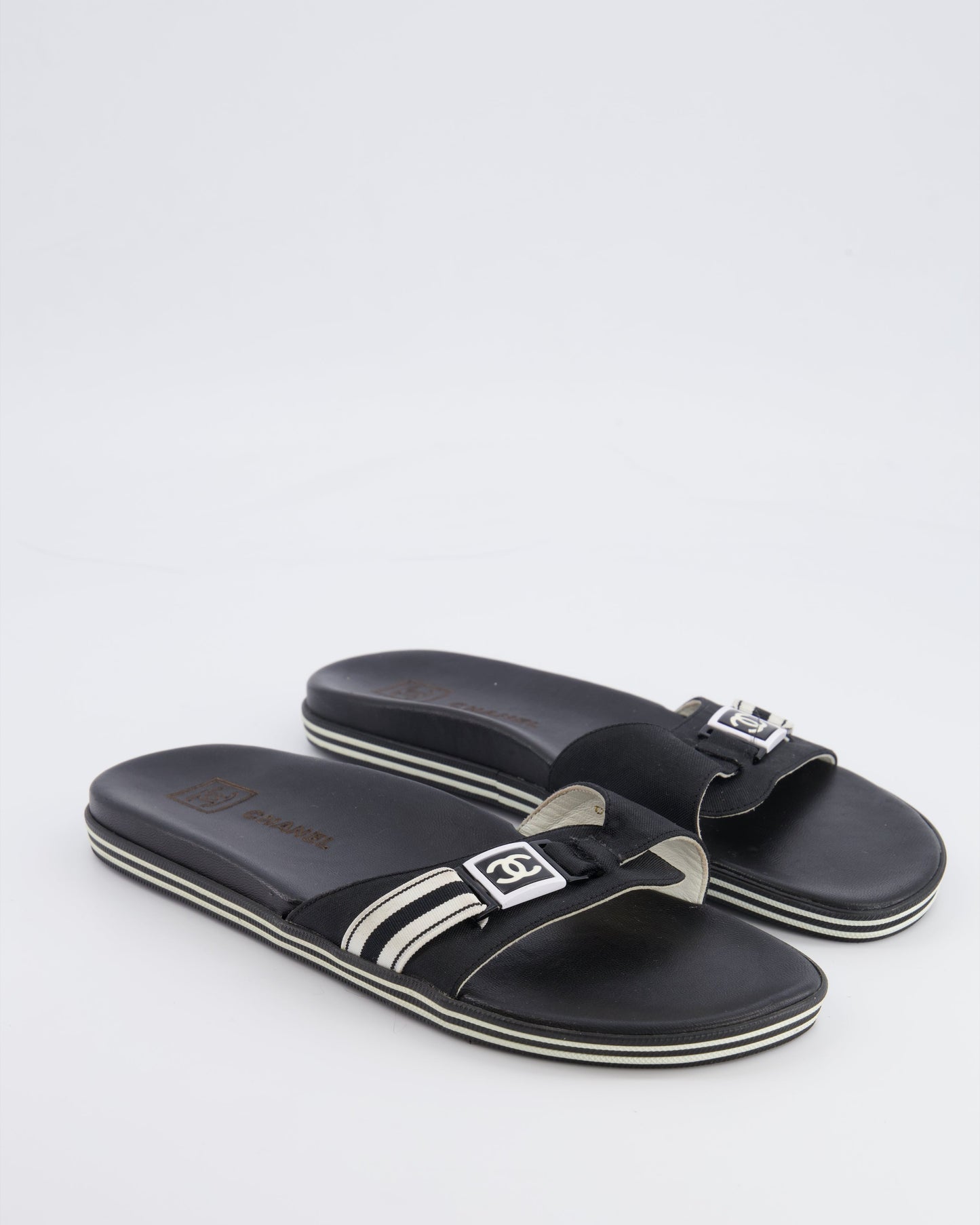 Chanel Spring 2006   Black Strap Mules with White Logo Detail Size 38