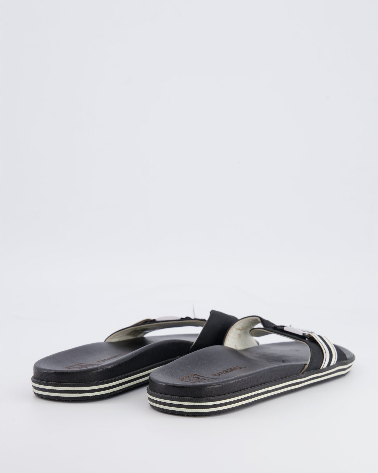 Chanel Spring 2006   Black Strap Mules with White Logo Detail Size 38