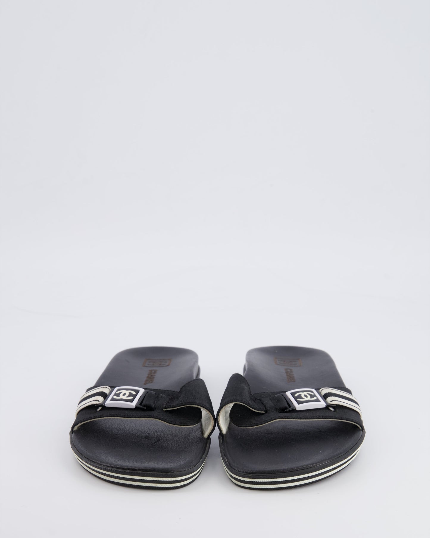 Chanel Spring 2006   Black Strap Mules with White Logo Detail Size 38