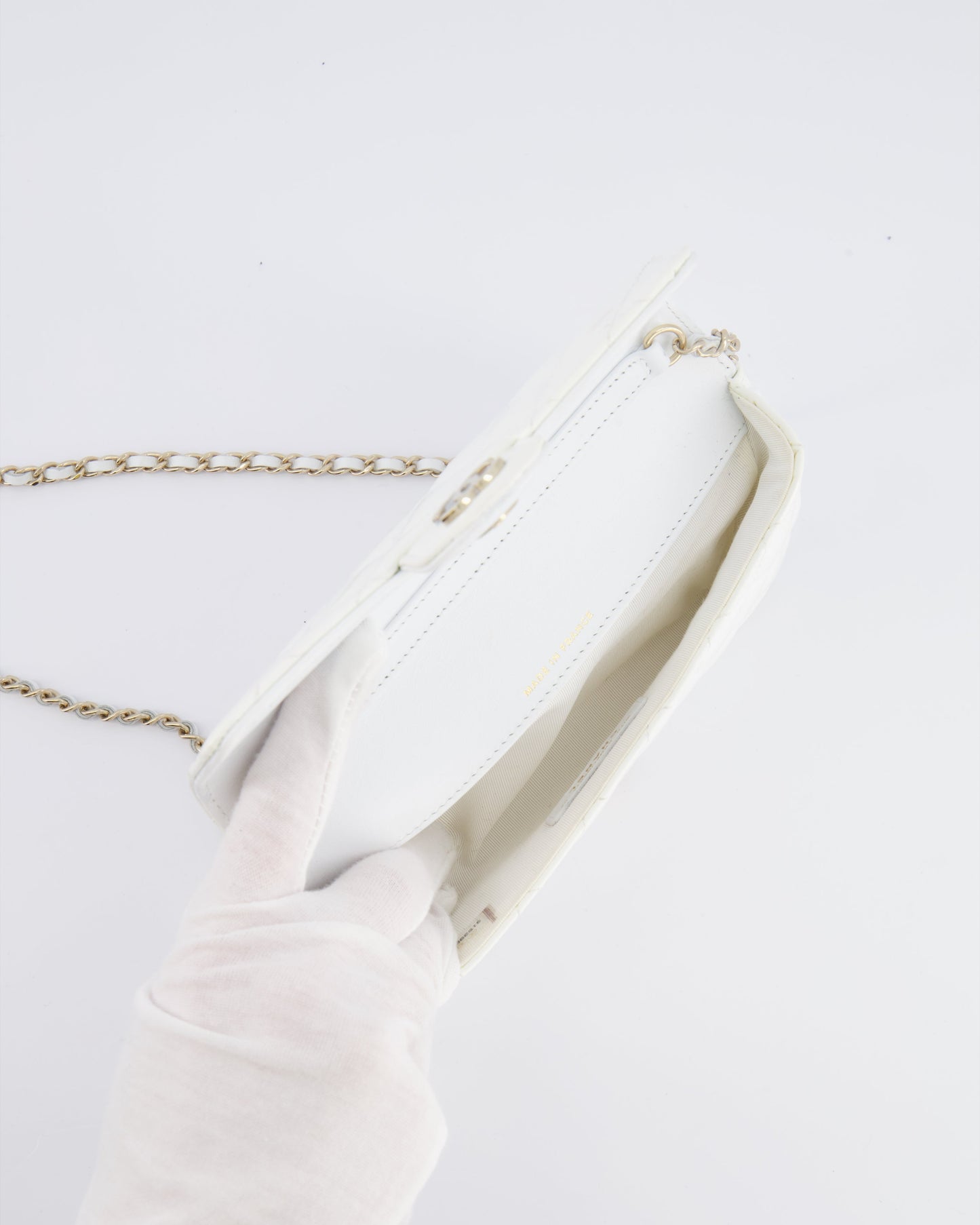 Chanel White Patent Sunglasses Case on Chain Bag with Champagne Gold Hardware