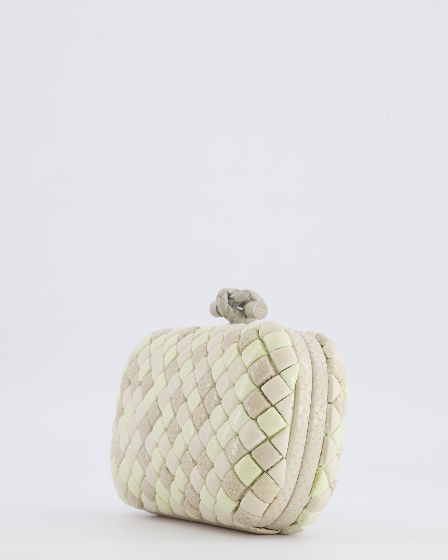 Bottega Veneta Beige and Cream Intrecciato Leather and Python Clutch Bag with Knot Detail RRP £4,500