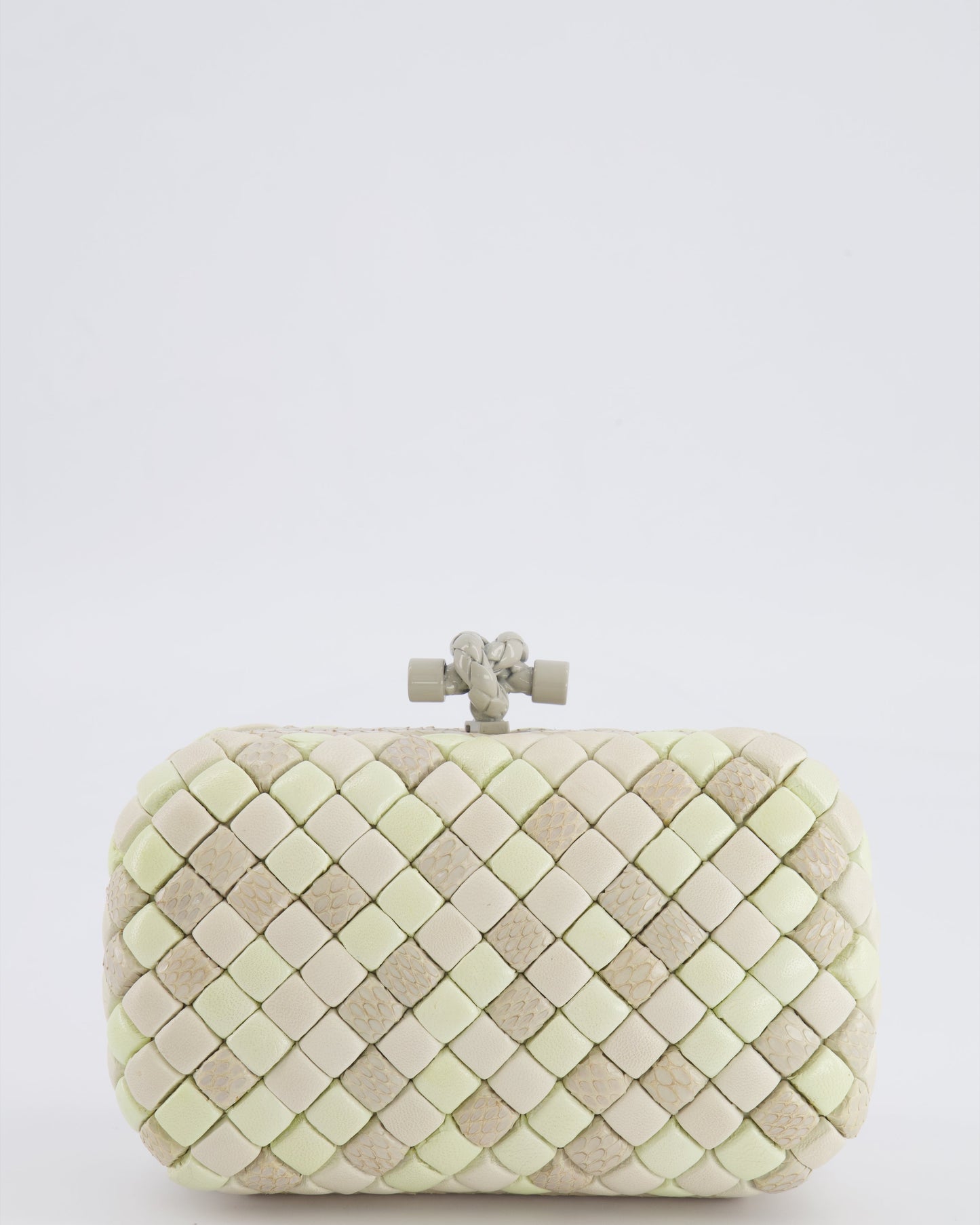Bottega Veneta Beige and Cream Intrecciato Leather and Python Clutch Bag with Knot Detail RRP £4,500