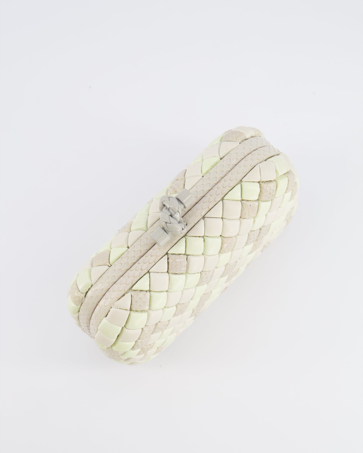 Bottega Veneta Beige and Cream Intrecciato Leather and Python Clutch Bag with Knot Detail RRP £4,500