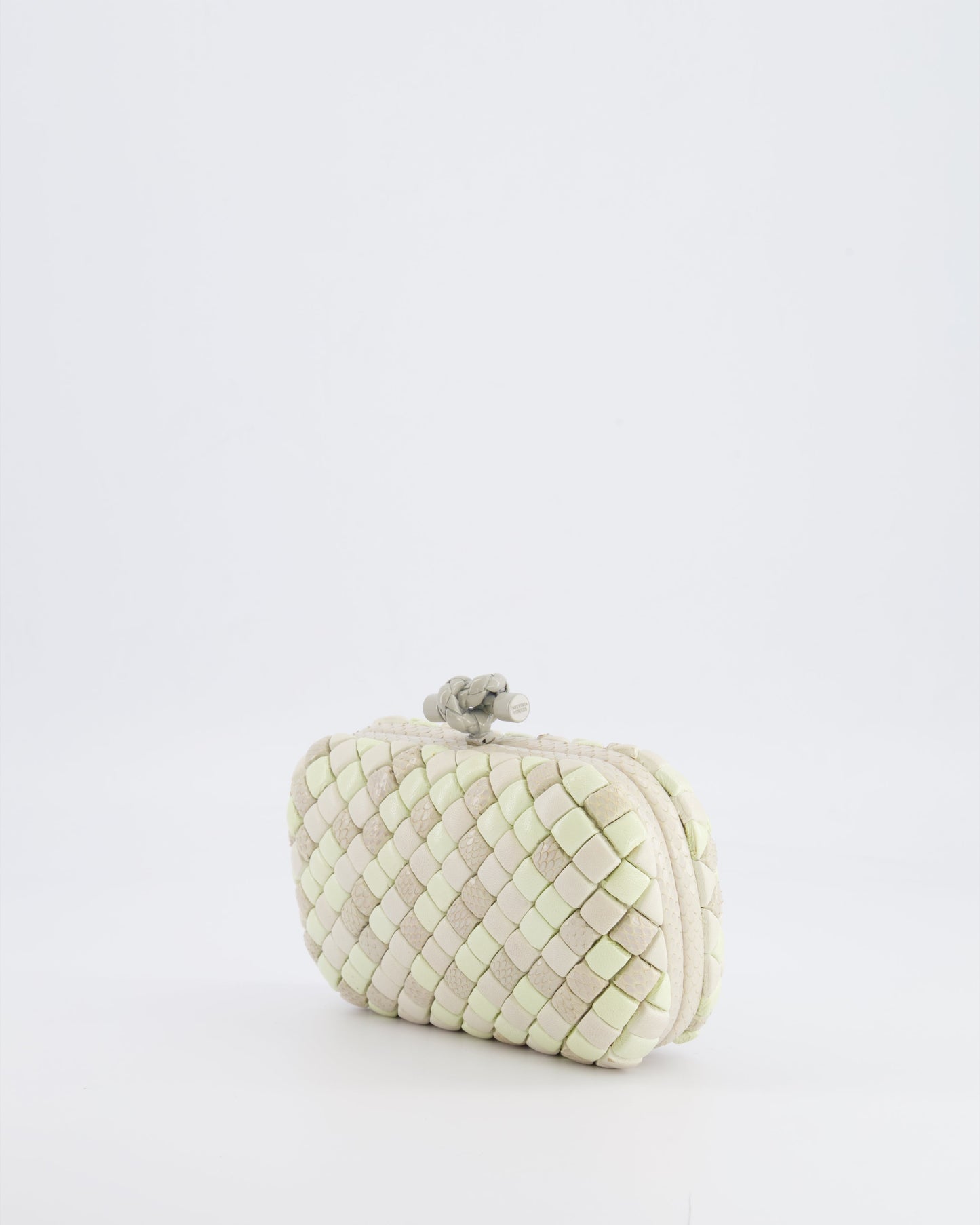 Bottega Veneta Beige and Cream Intrecciato Leather and Python Clutch Bag with Knot Detail RRP £4,500