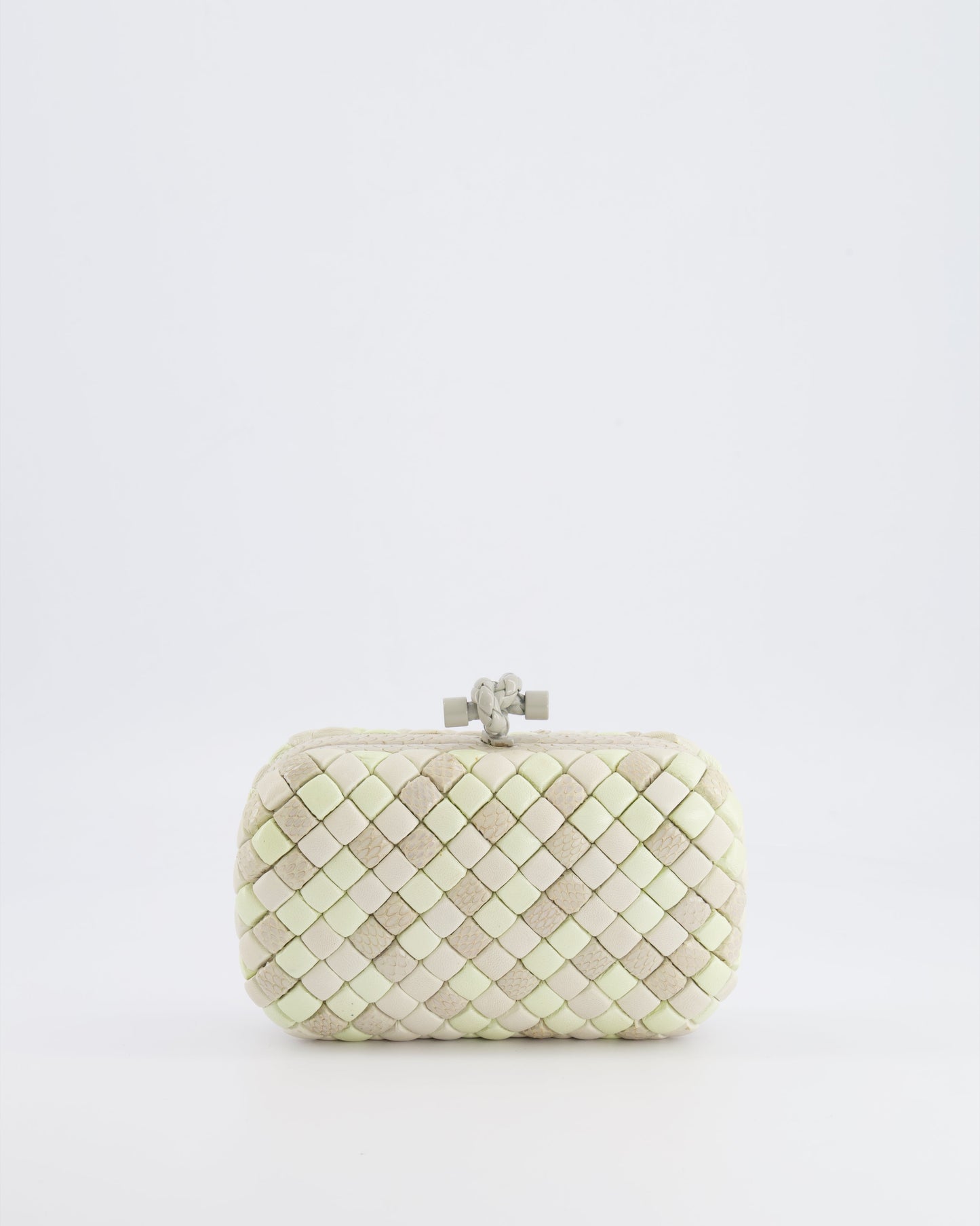 Bottega Veneta Beige and Cream Intrecciato Leather and Python Clutch Bag with Knot Detail RRP £4,500