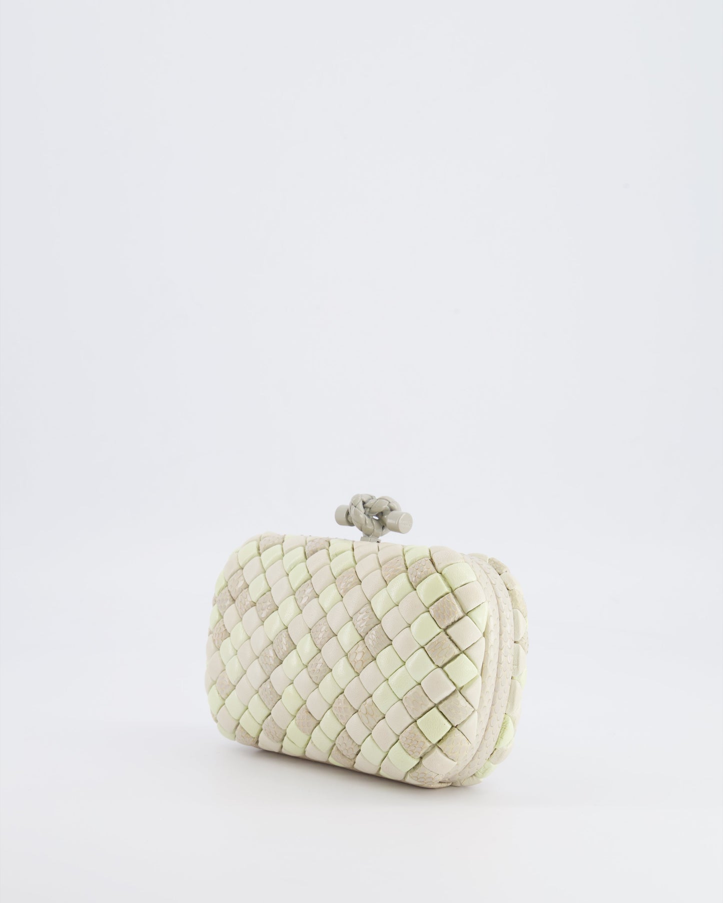 Bottega Veneta Beige and Cream Intrecciato Leather and Python Clutch Bag with Knot Detail RRP £4,500