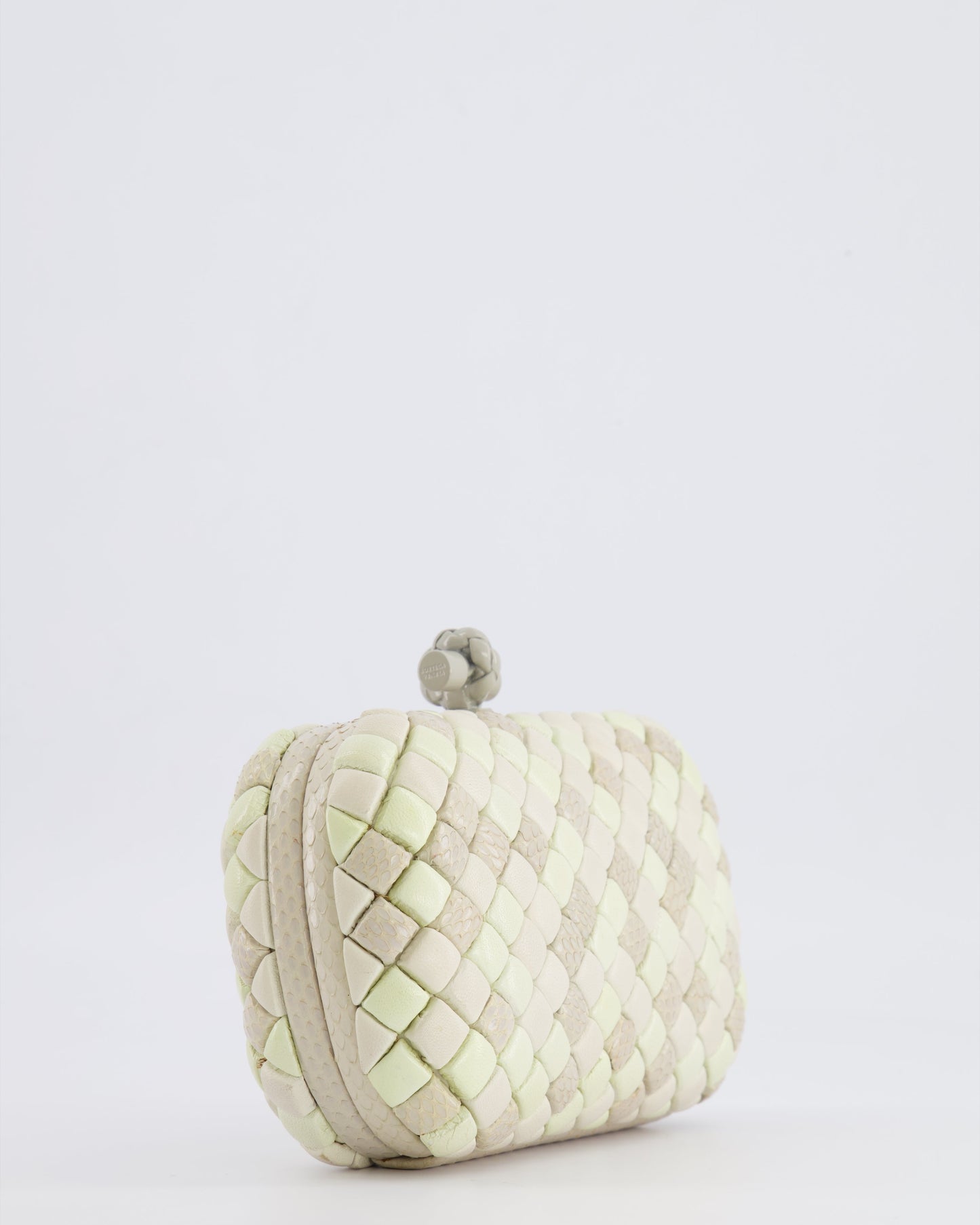 Bottega Veneta Beige and Cream Intrecciato Leather and Python Clutch Bag with Knot Detail RRP £4,500