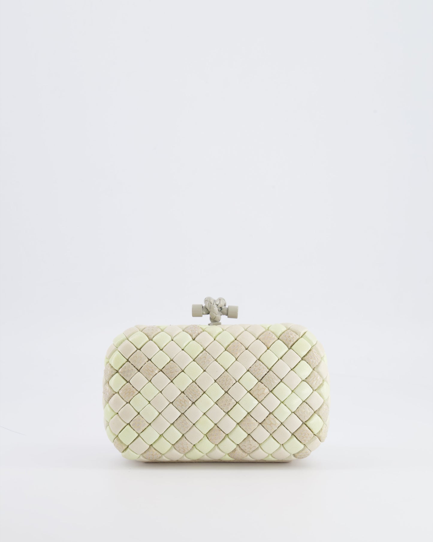 Bottega Veneta Beige and Cream Intrecciato Leather and Python Clutch Bag with Knot Detail RRP £4,500