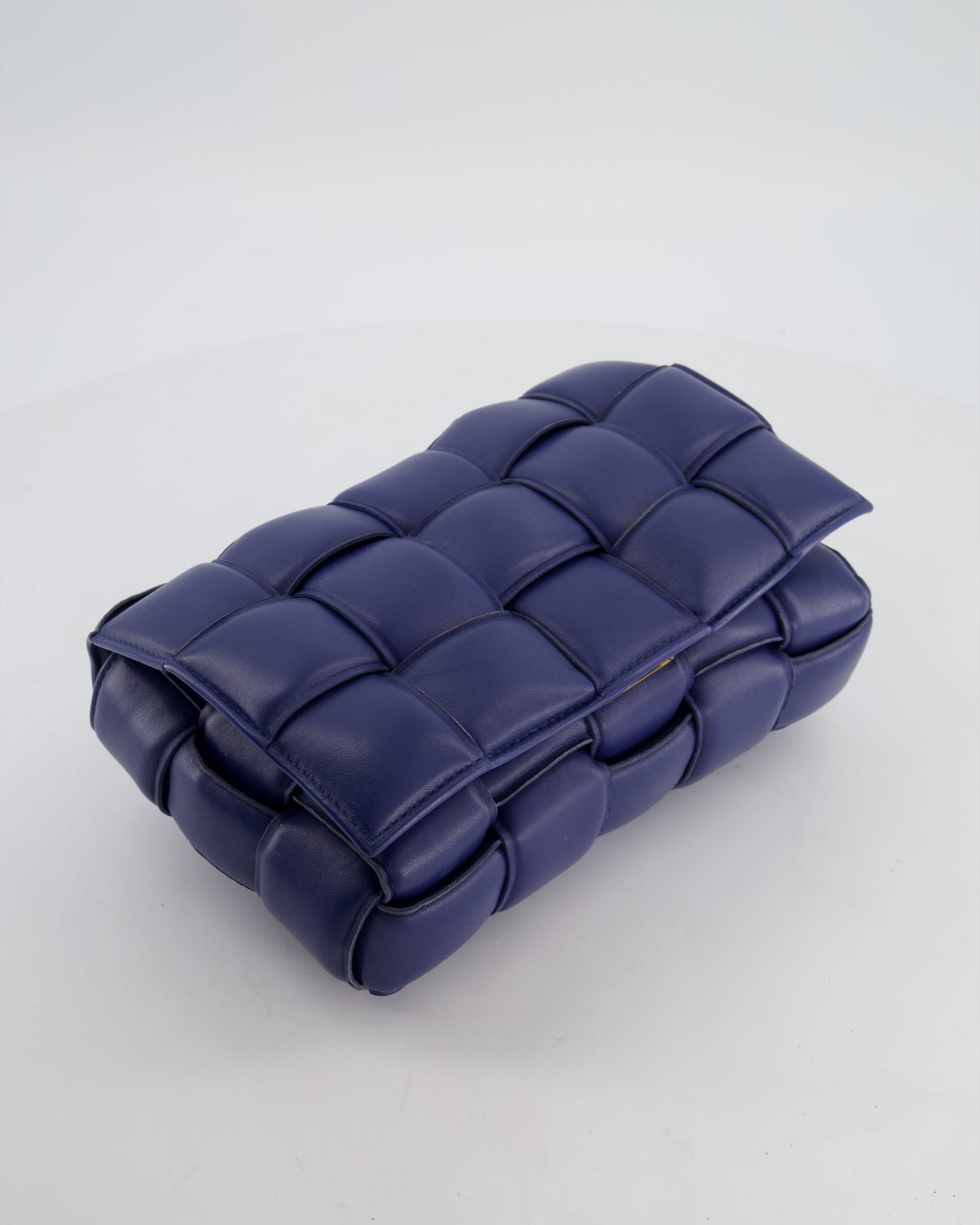 Bottega Veneta Navy Blue Padded Cassette Bag in Calfskin Intrecciato Leather with Gold Hardware