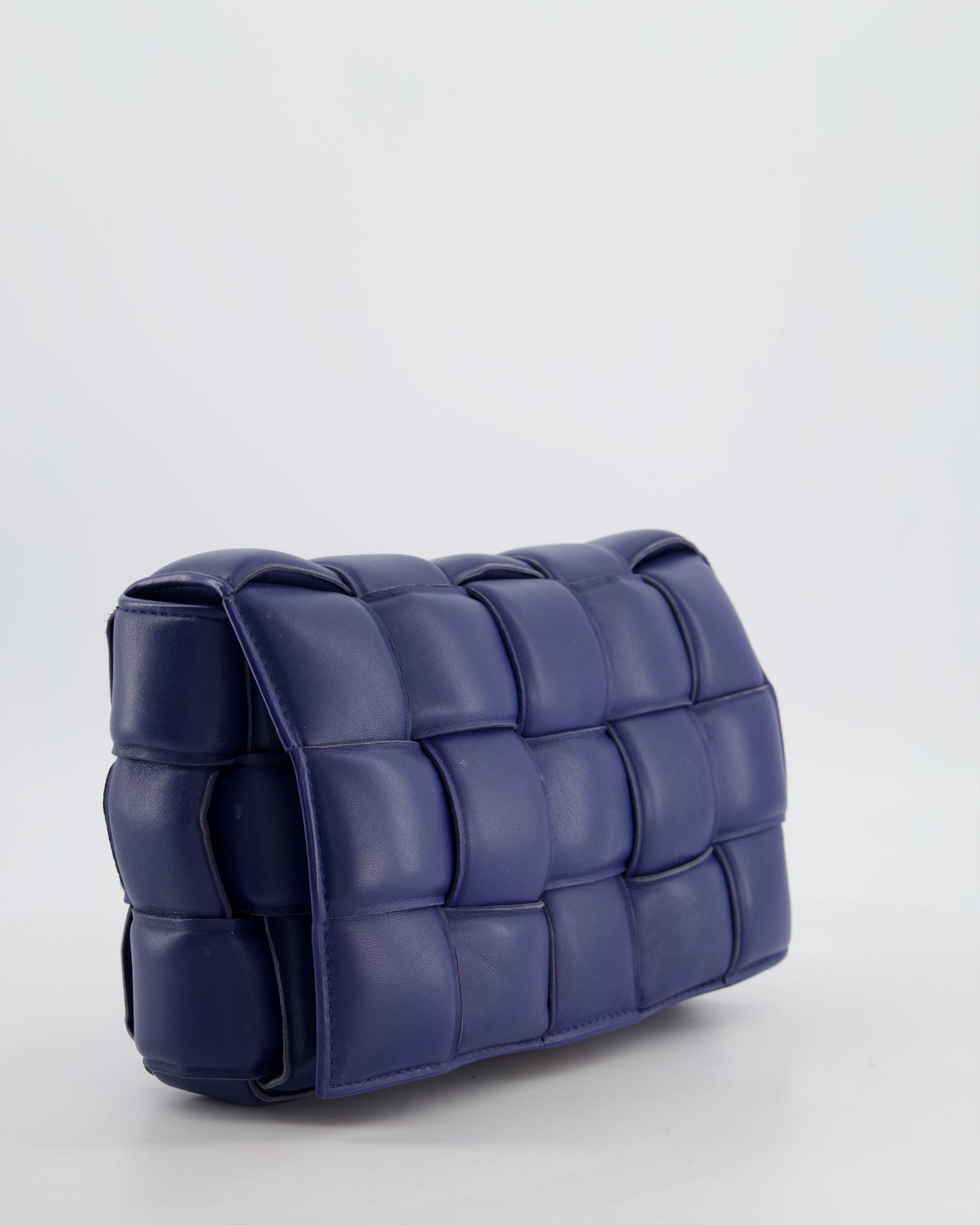 Bottega Veneta Navy Blue Padded Cassette Bag in Calfskin Intrecciato Leather with Gold Hardware