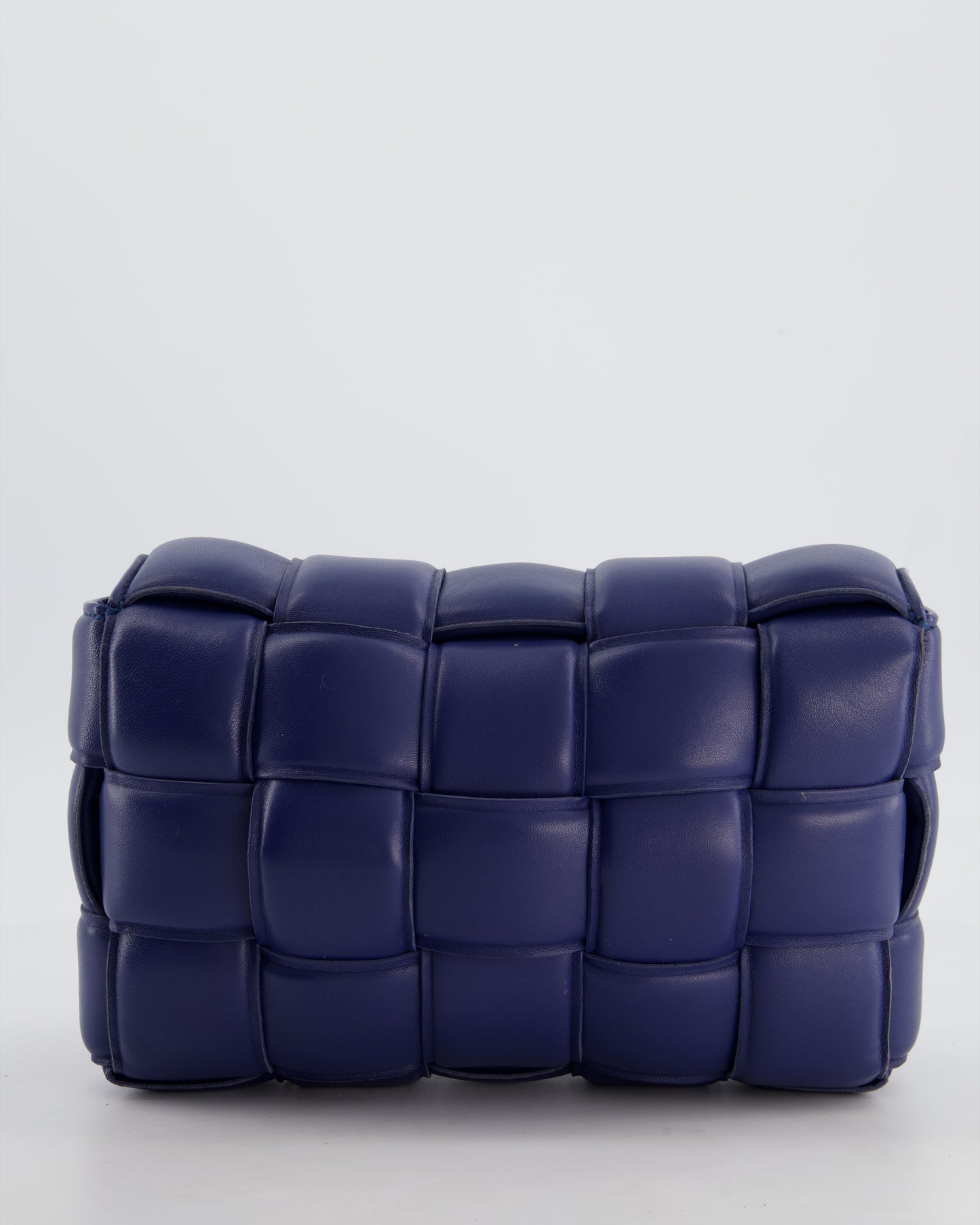 Bottega Veneta Navy Blue Padded Cassette Bag in Calfskin Intrecciato Leather with Gold Hardware