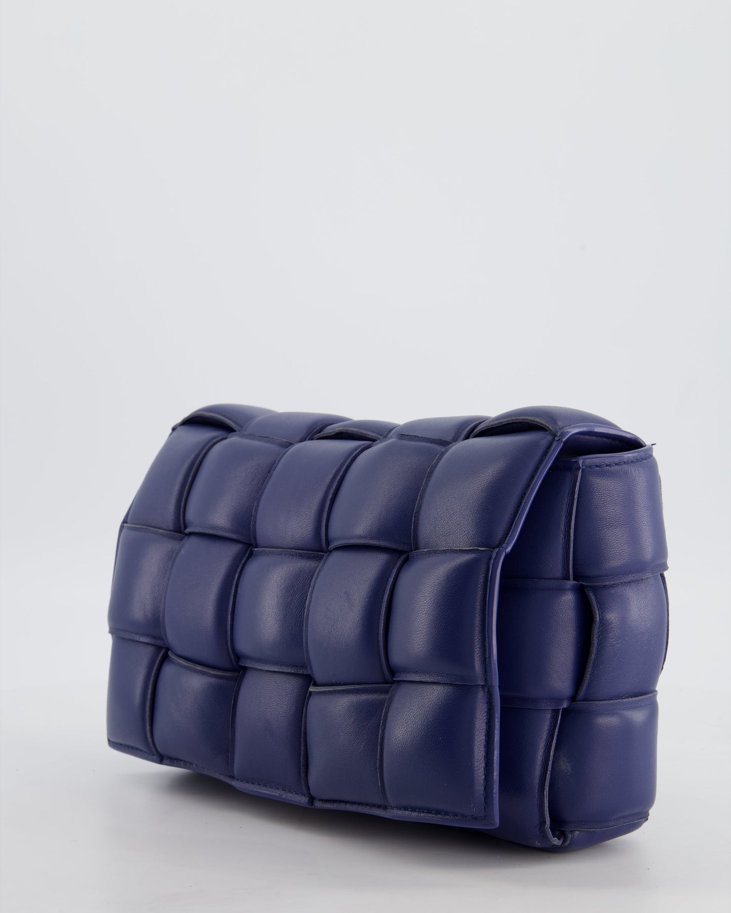 Bottega Veneta Navy Blue Padded Cassette Bag in Calfskin Intrecciato Leather with Gold Hardware