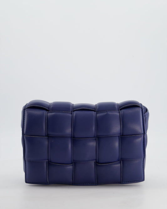 Bottega Veneta Navy Blue Padded Cassette Bag in Calfskin Intrecciato Leather with Gold Hardware
