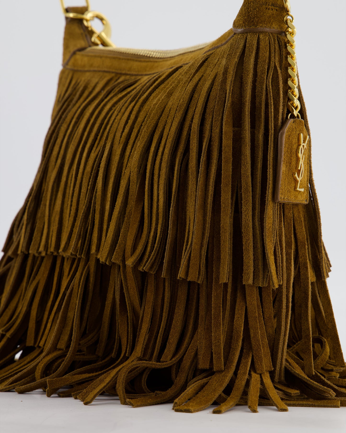 Saint Laurent Tan Suede Emanuelle Fringe Shoulder Bag with Gold Hardware
