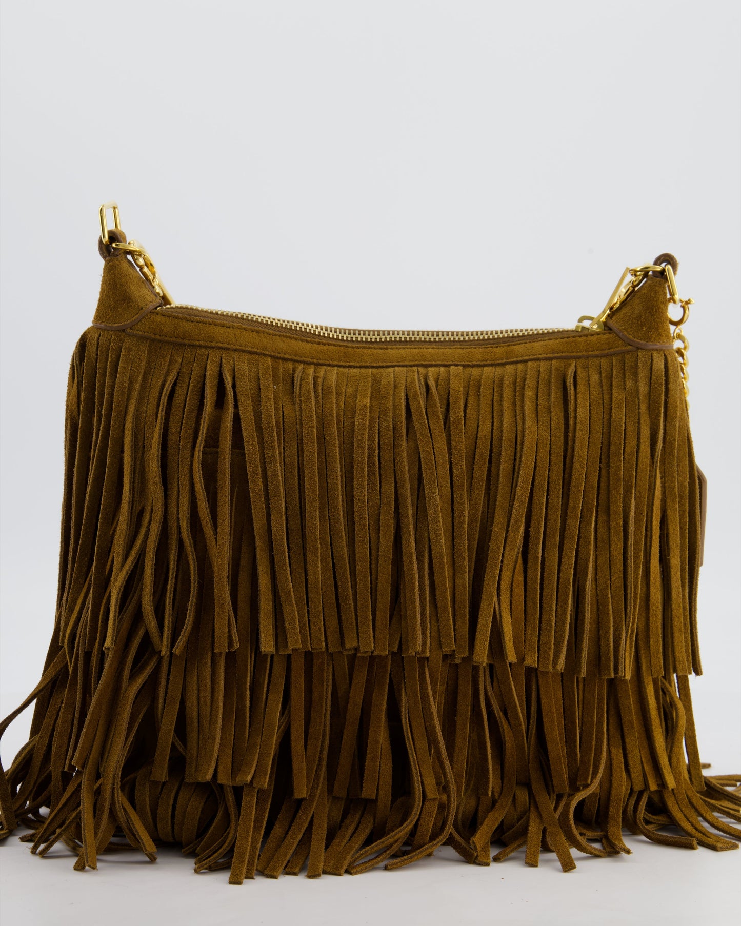 Saint Laurent Tan Suede Emanuelle Fringe Shoulder Bag with Gold Hardware