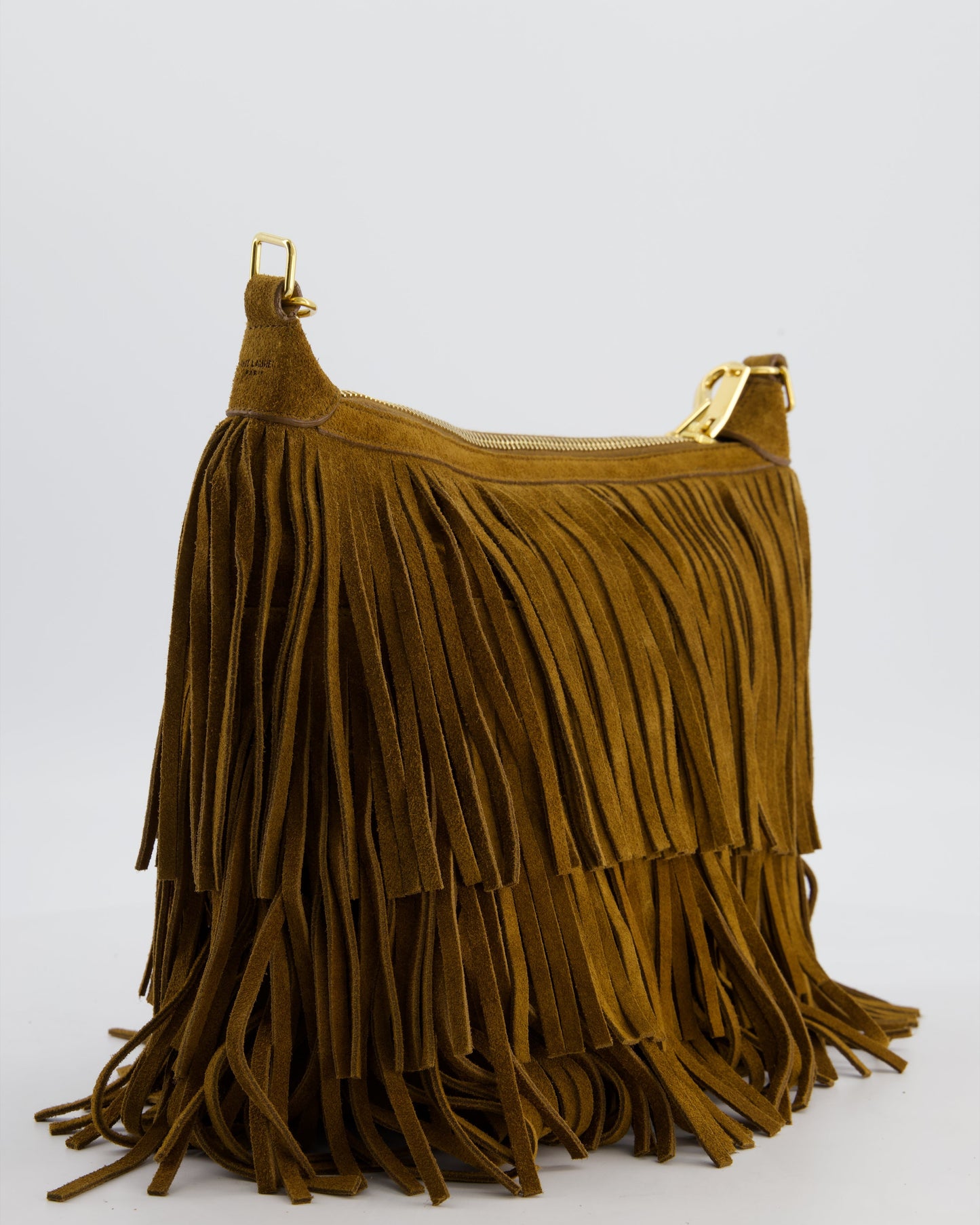 Saint Laurent Tan Suede Emanuelle Fringe Shoulder Bag with Gold Hardware