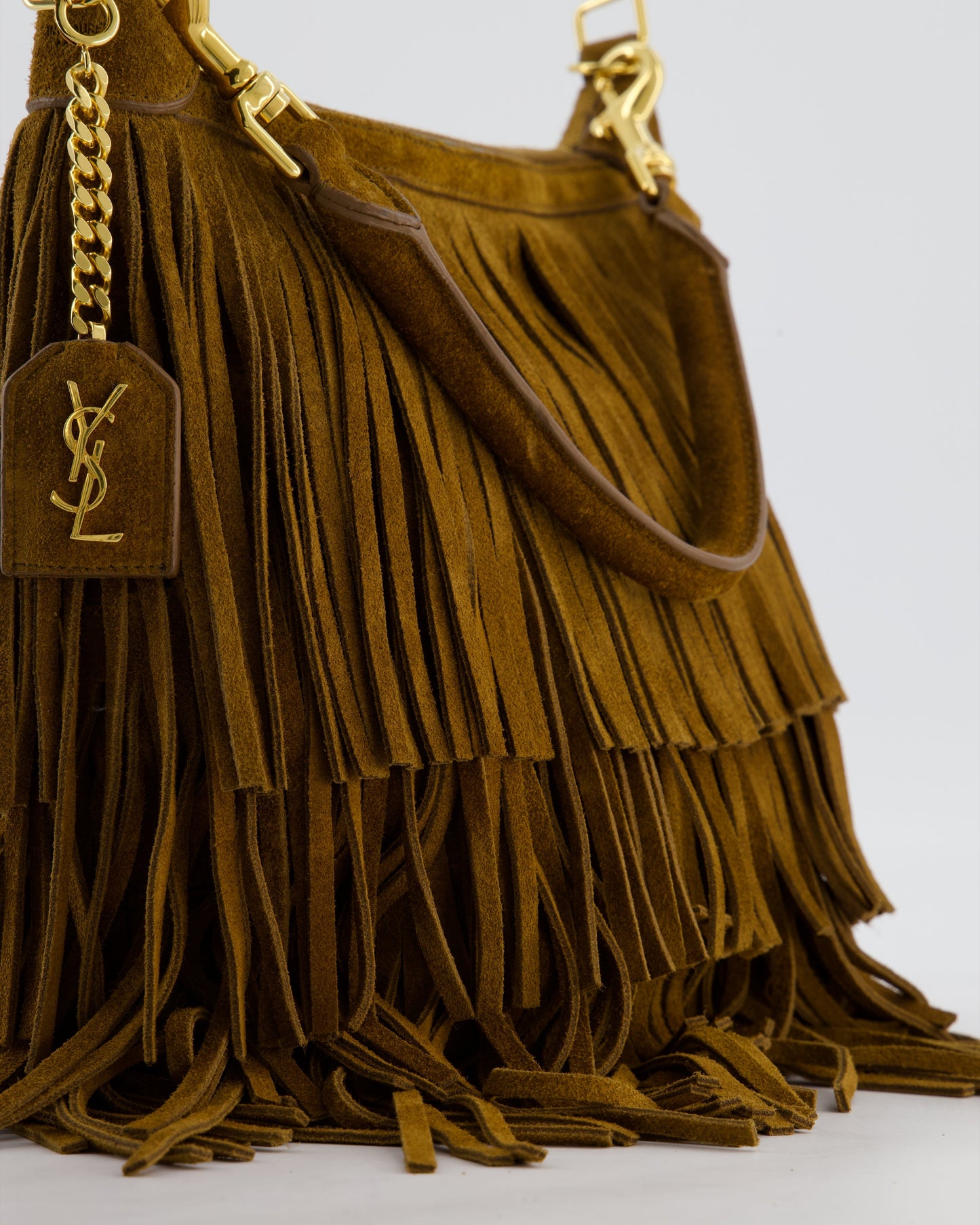 Saint Laurent Tan Suede Emanuelle Fringe Shoulder Bag with Gold Hardware