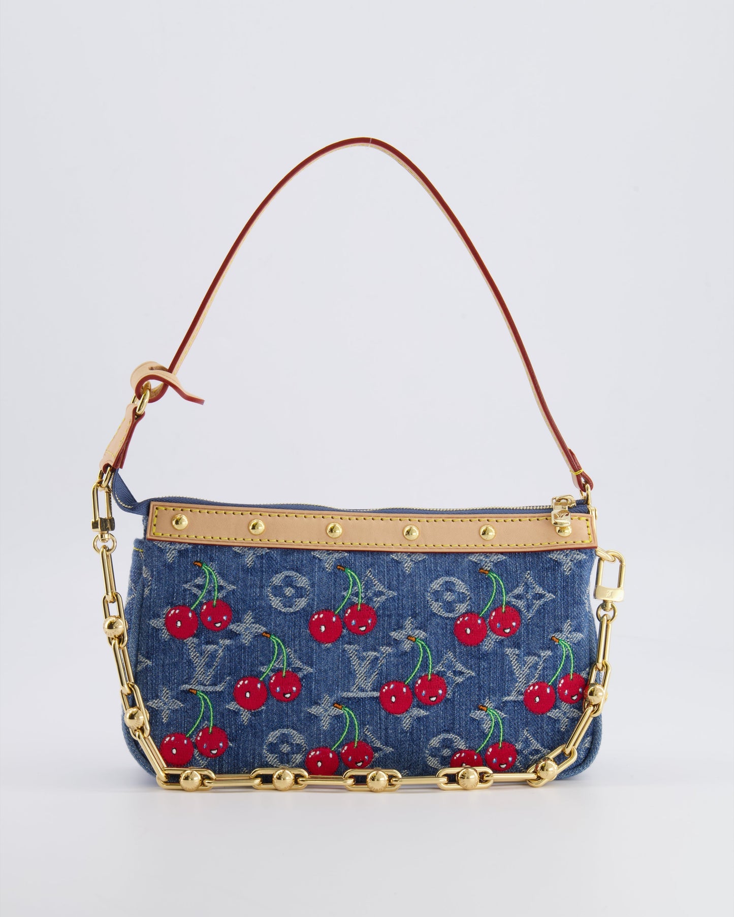 *RARE* Louis Vuiton X Takashi Murakami 2025 Cherry Denim Monogram Pochette Bag with Gold Hardware
