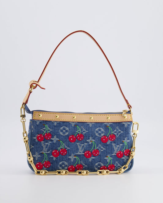*RARE* Louis Vuiton X Takashi Murakami 2025 Cherry Denim Monogram Pochette Bag with Gold Hardware