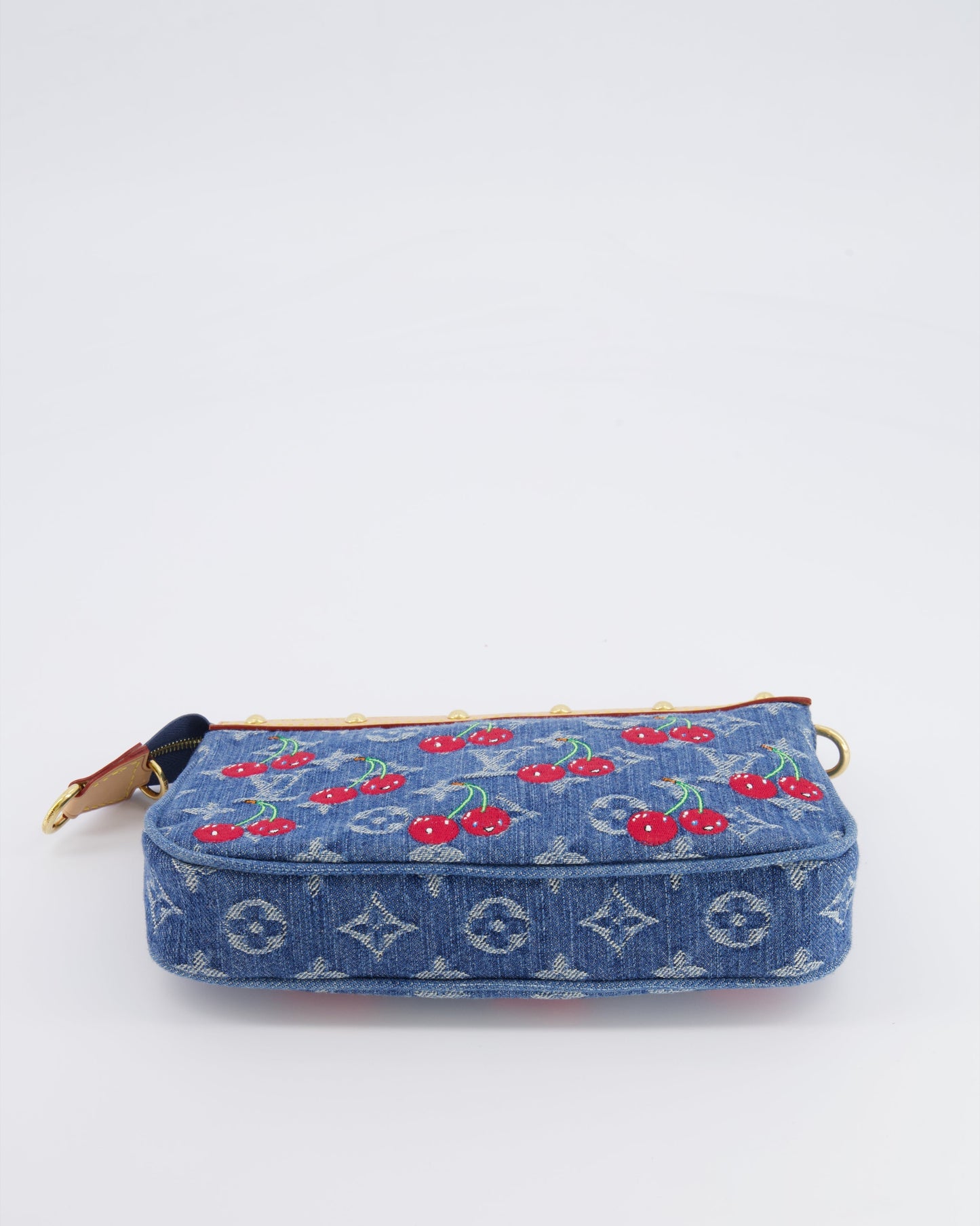 *RARE* Louis Vuiton X Takashi Murakami 2025 Cherry Denim Monogram Pochette Bag with Gold Hardware