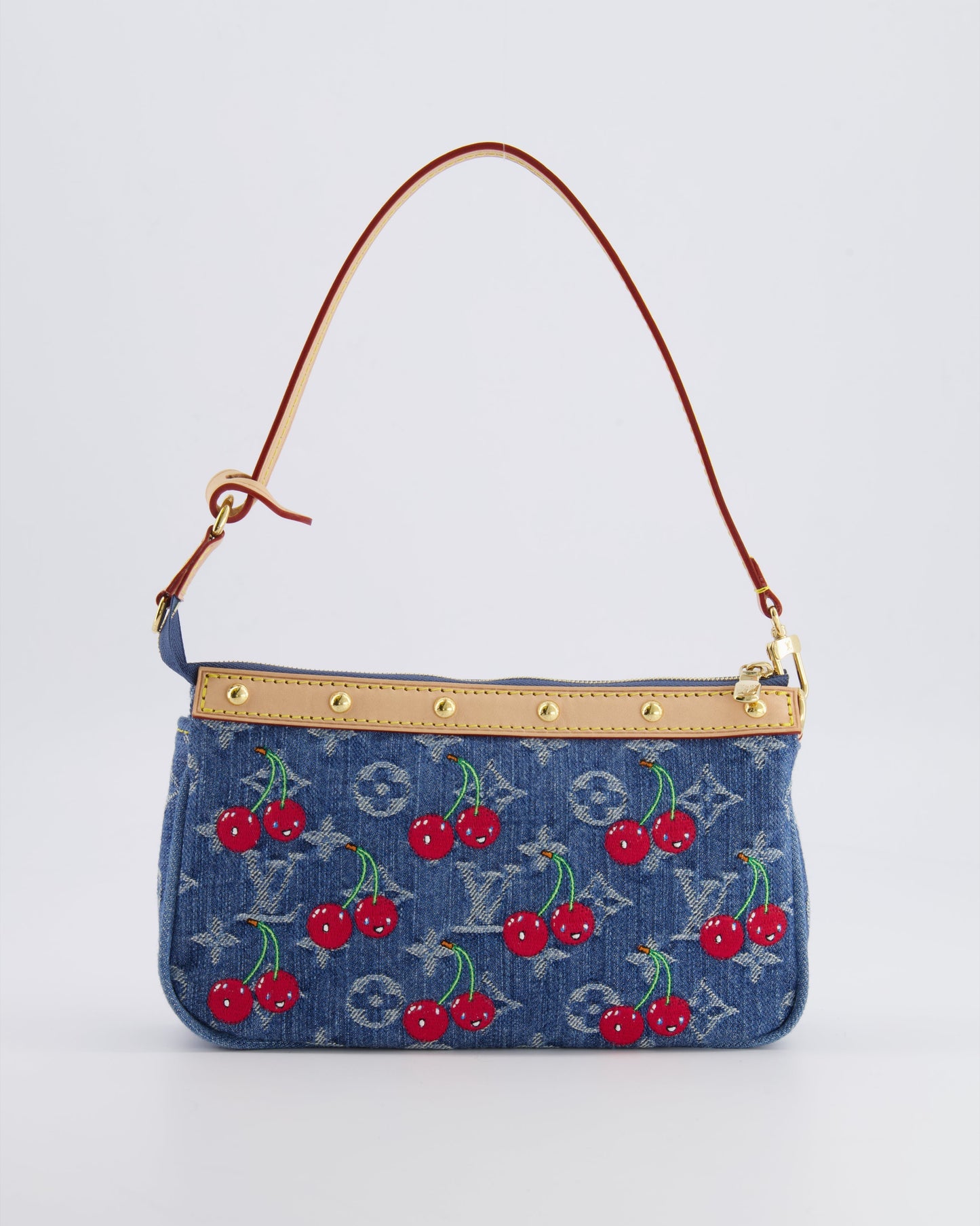 *RARE* Louis Vuiton X Takashi Murakami 2025 Cherry Denim Monogram Pochette Bag with Gold Hardware