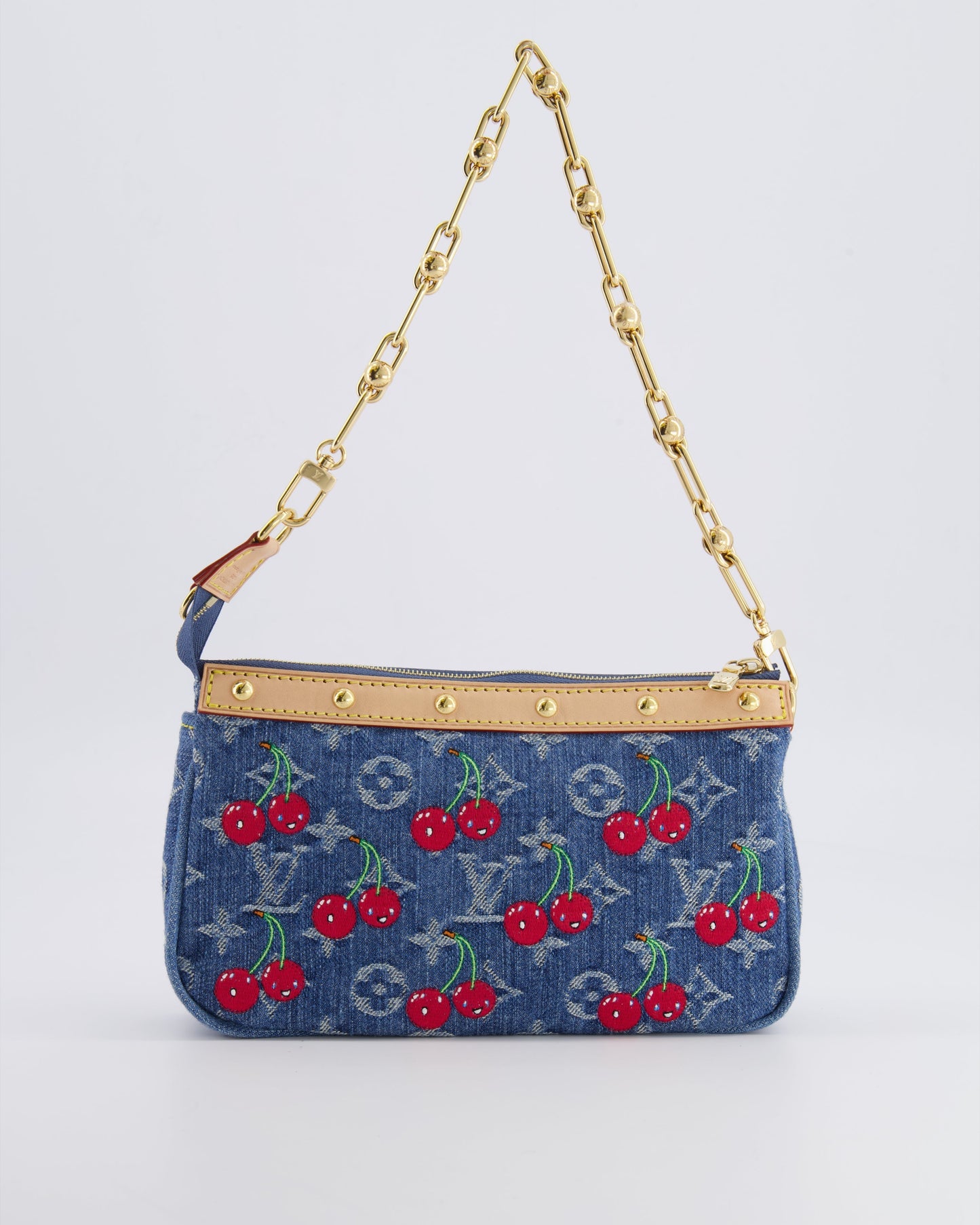 *RARE* Louis Vuiton X Takashi Murakami 2025 Cherry Denim Monogram Pochette Bag with Gold Hardware