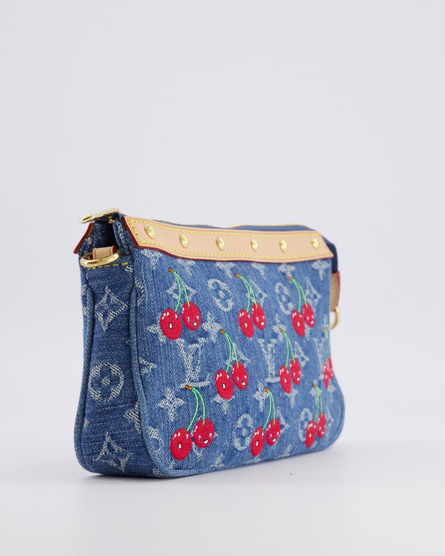 *RARE* Louis Vuiton X Takashi Murakami 2025 Cherry Denim Monogram Pochette Bag with Gold Hardware