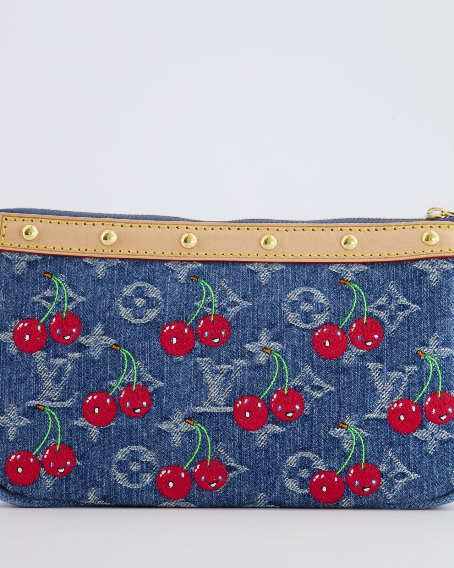 *RARE* Louis Vuiton X Takashi Murakami 2025 Cherry Denim Monogram Pochette Bag with Gold Hardware