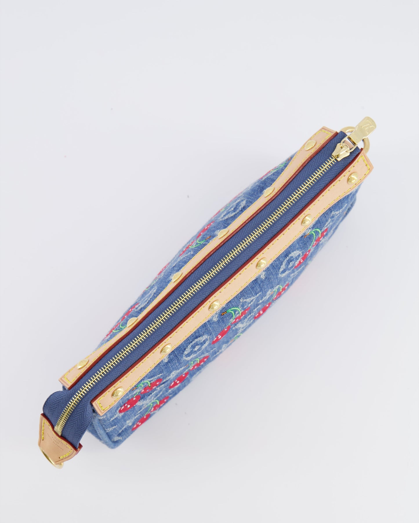 *RARE* Louis Vuiton X Takashi Murakami 2025 Cherry Denim Monogram Pochette Bag with Gold Hardware