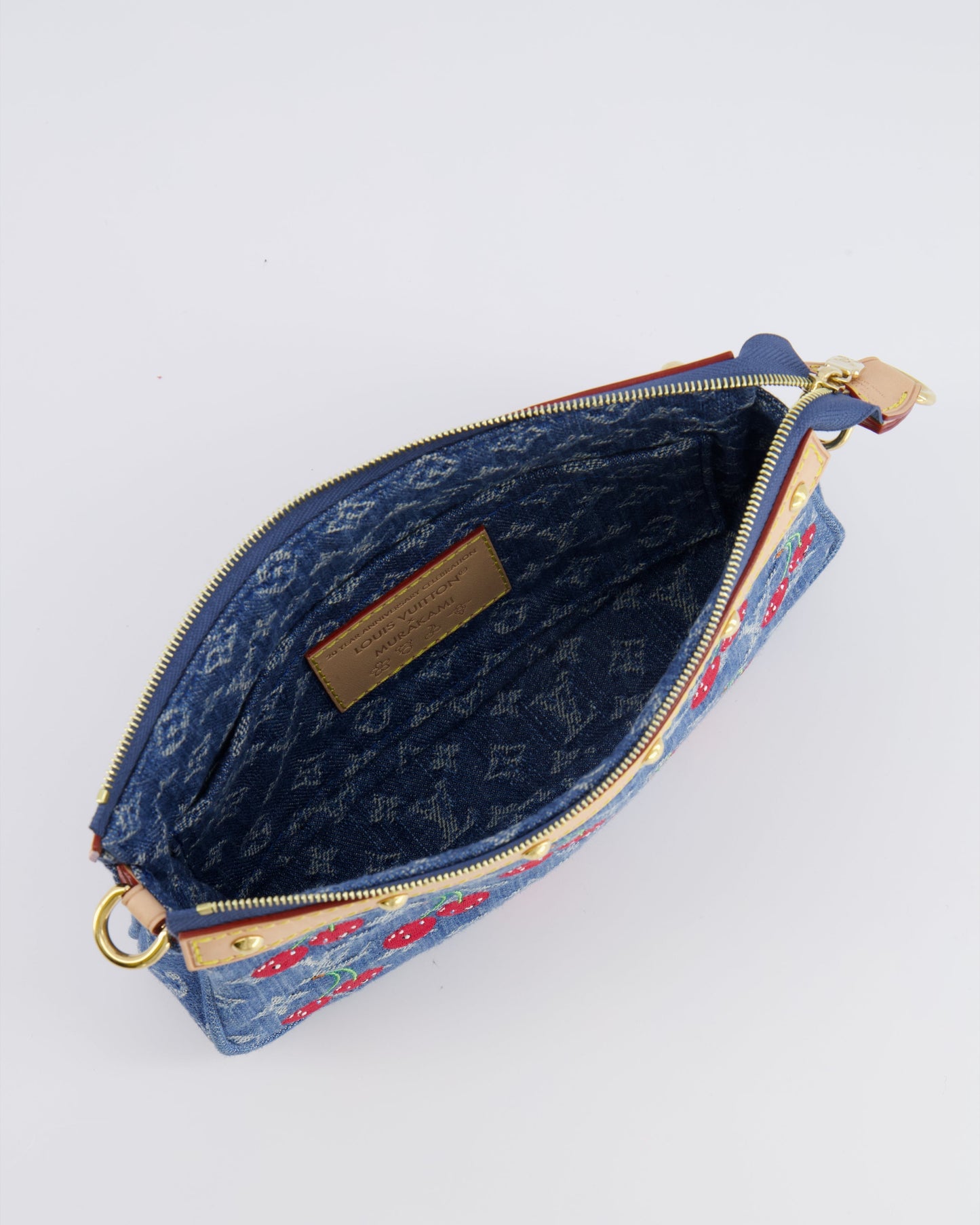 *RARE* Louis Vuiton X Takashi Murakami 2025 Cherry Denim Monogram Pochette Bag with Gold Hardware