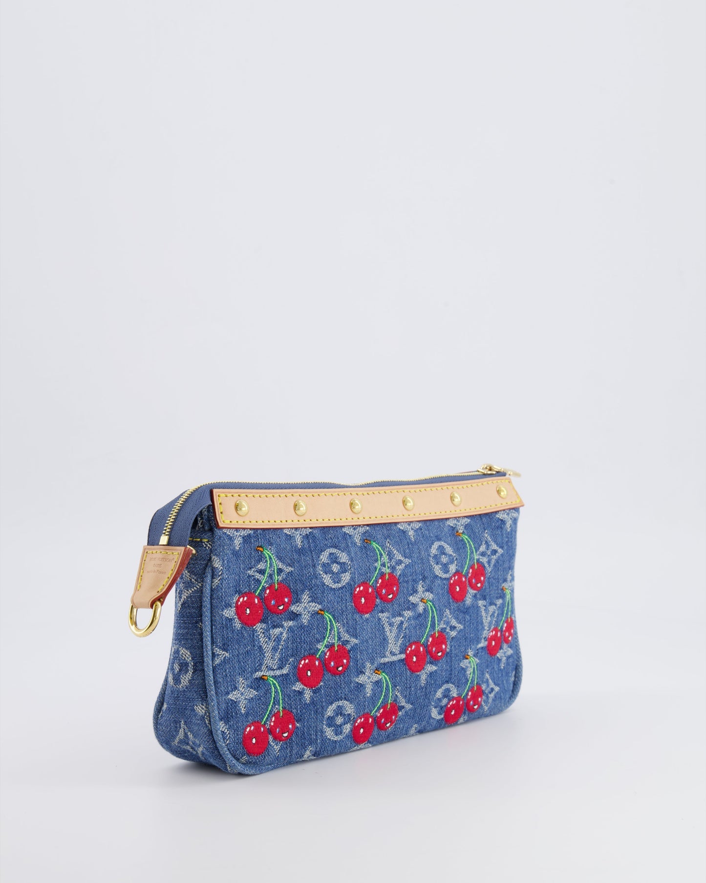 *RARE* Louis Vuiton X Takashi Murakami 2025 Cherry Denim Monogram Pochette Bag with Gold Hardware