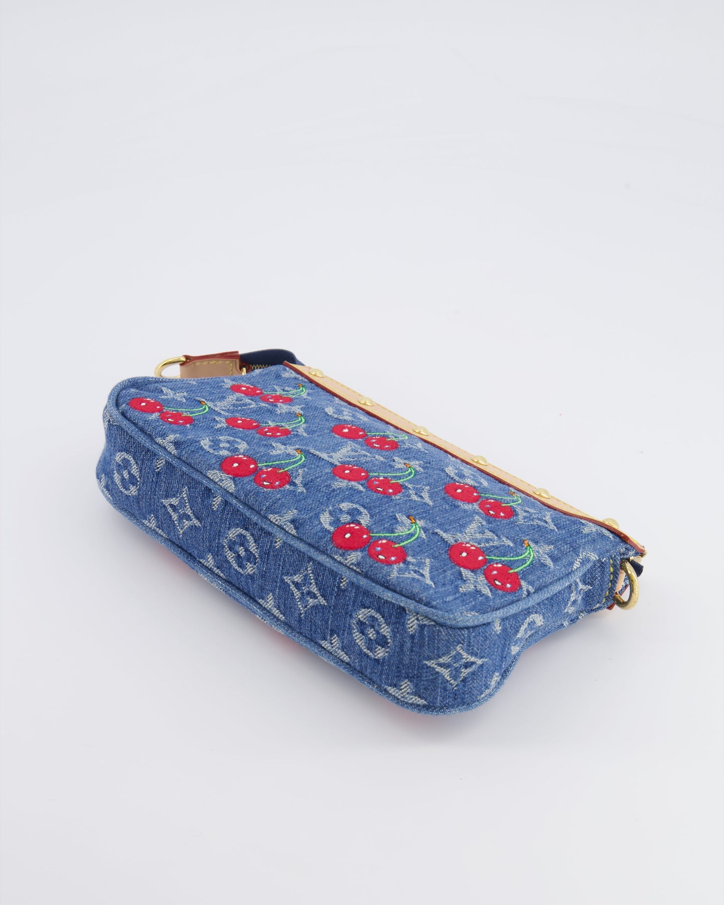 *RARE* Louis Vuiton X Takashi Murakami 2025 Cherry Denim Monogram Pochette Bag with Gold Hardware