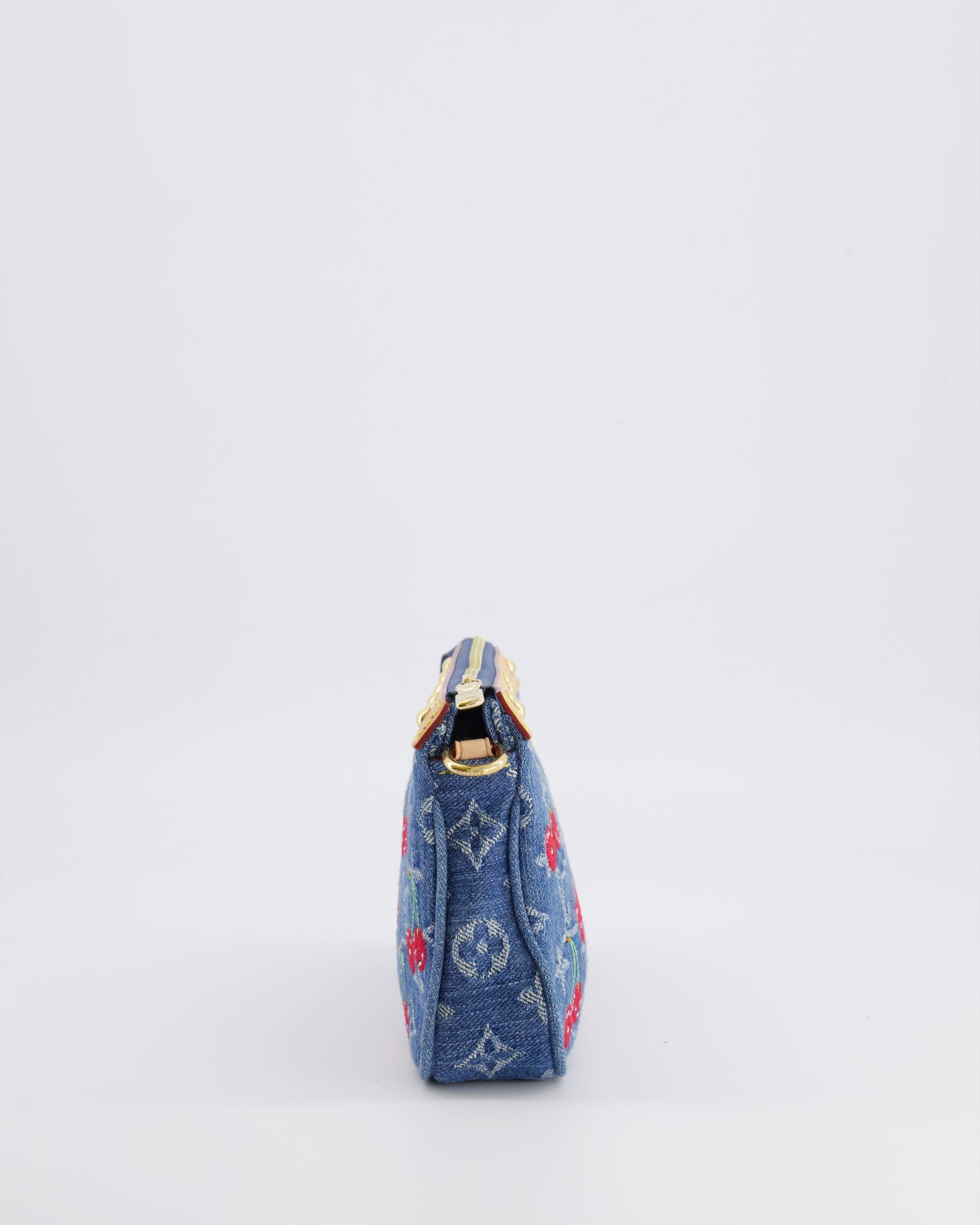 *RARE* Louis Vuiton X Takashi Murakami 2025 Cherry Denim Monogram Pochette Bag with Gold Hardware