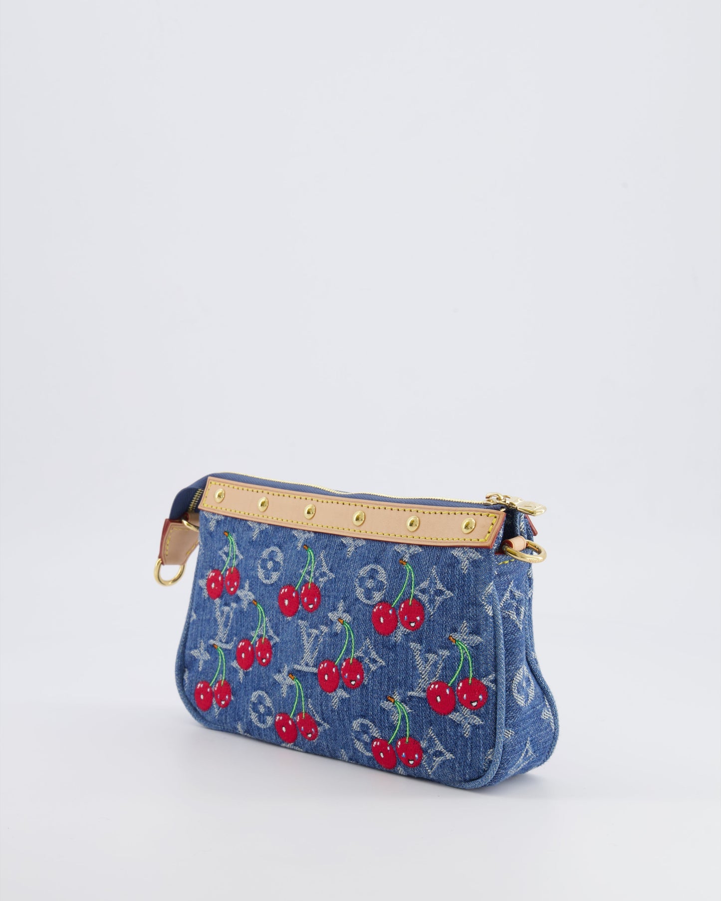 *RARE* Louis Vuiton X Takashi Murakami 2025 Cherry Denim Monogram Pochette Bag with Gold Hardware