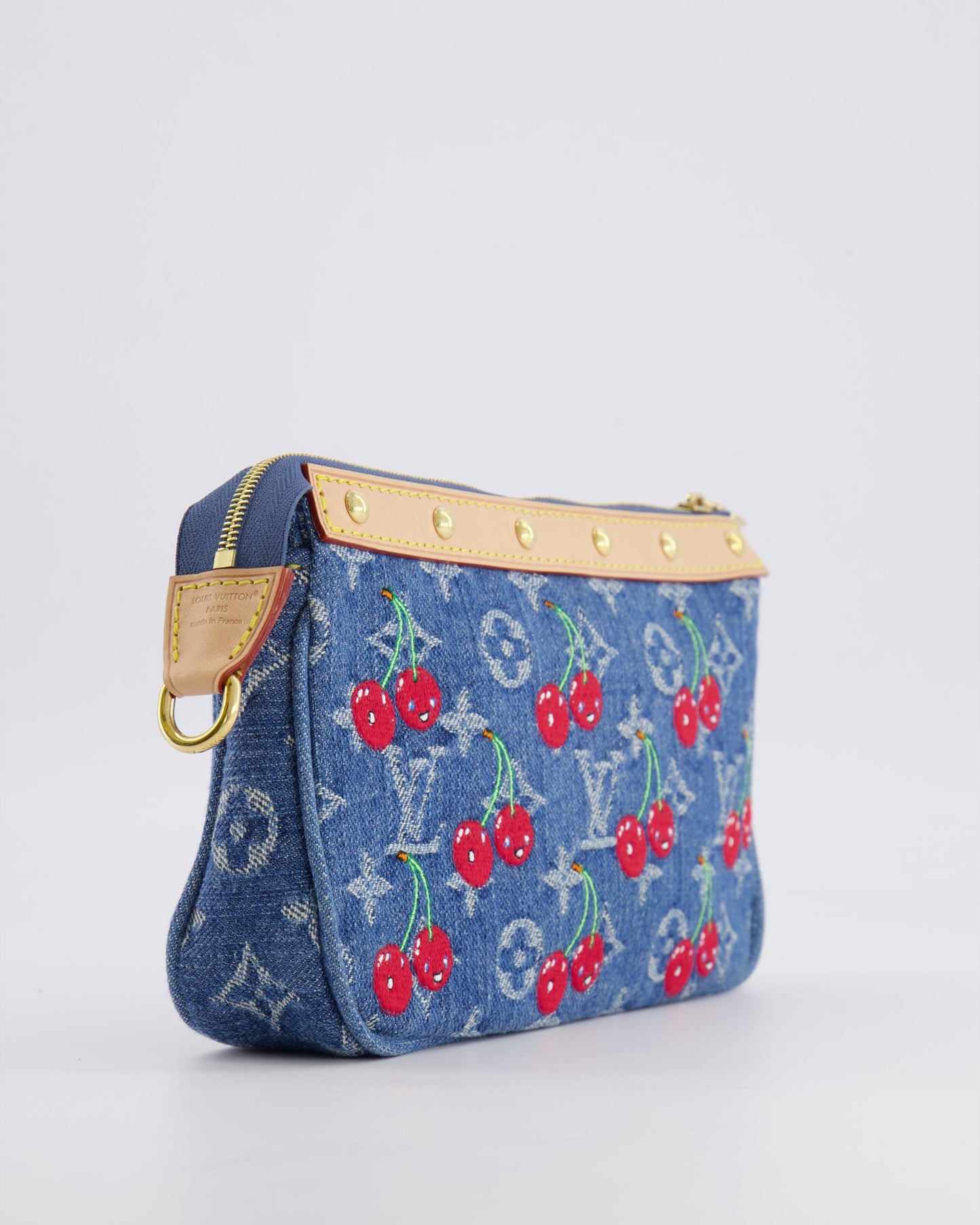 *RARE* Louis Vuiton X Takashi Murakami 2025 Cherry Denim Monogram Pochette Bag with Gold Hardware