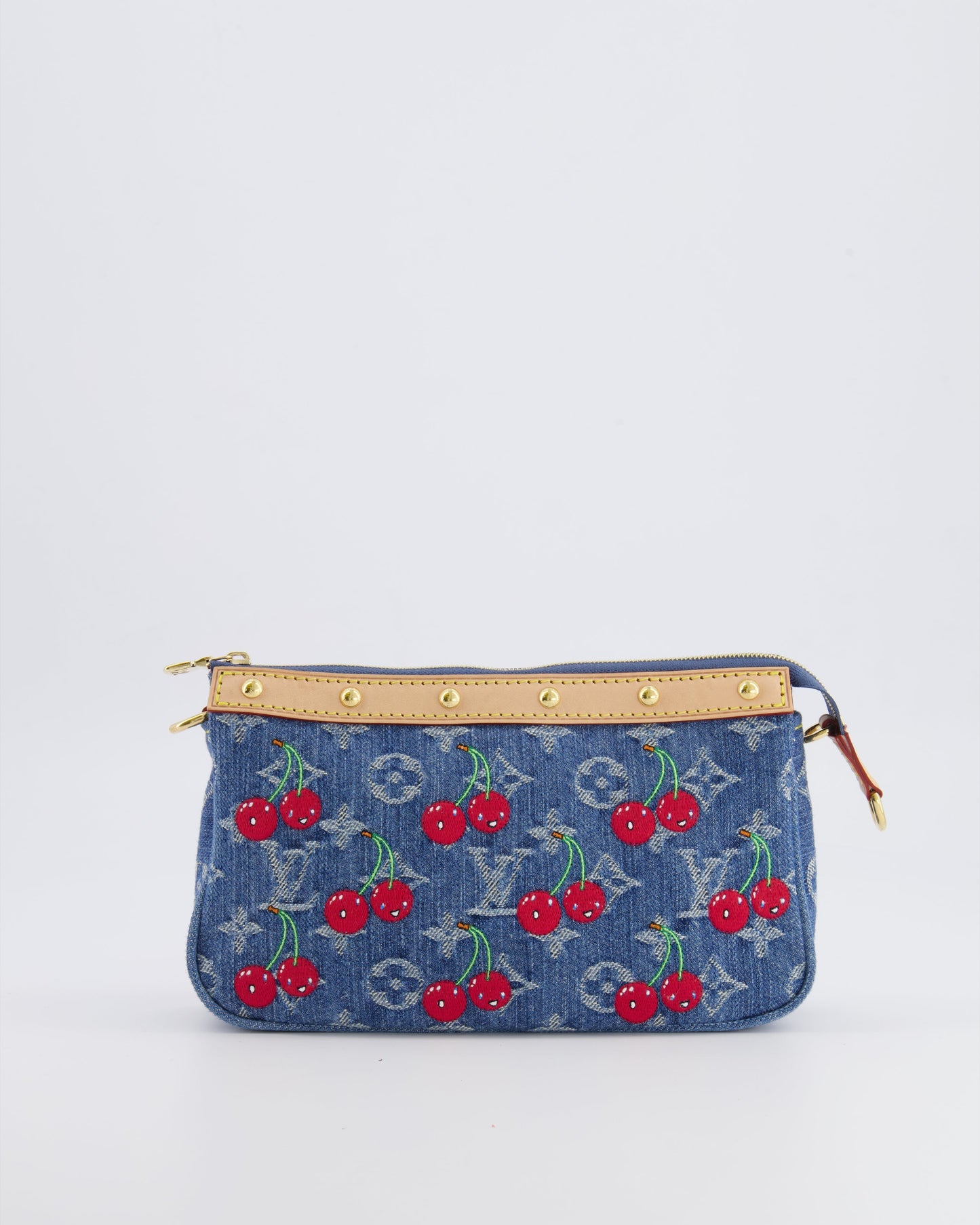 *RARE* Louis Vuiton X Takashi Murakami 2025 Cherry Denim Monogram Pochette Bag with Gold Hardware