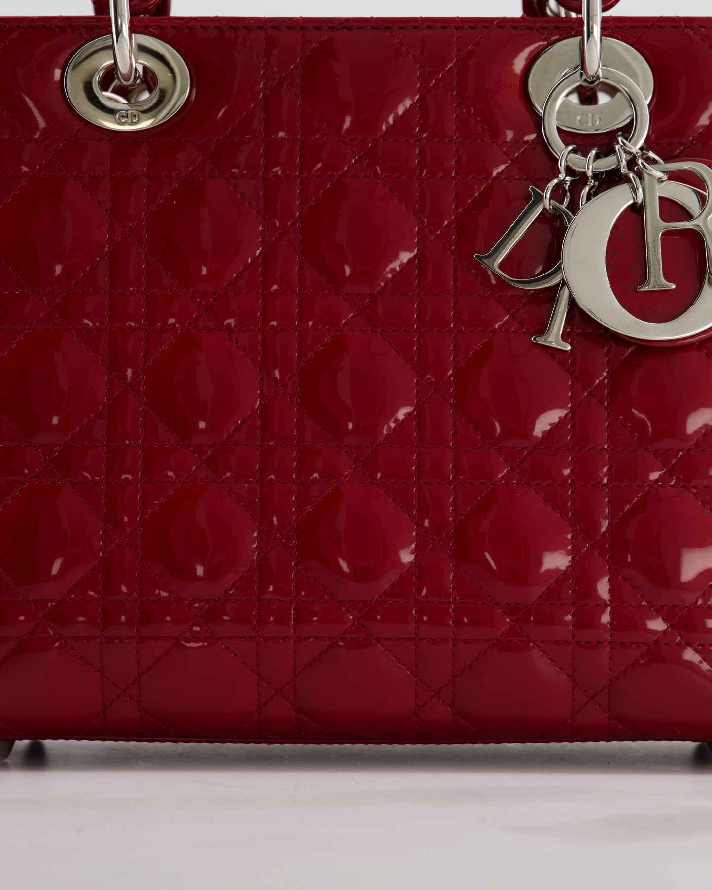 Christian Dior Burgundy Medium Lady Dior Bag in Patent Calfskin Leather with Silver Hardware