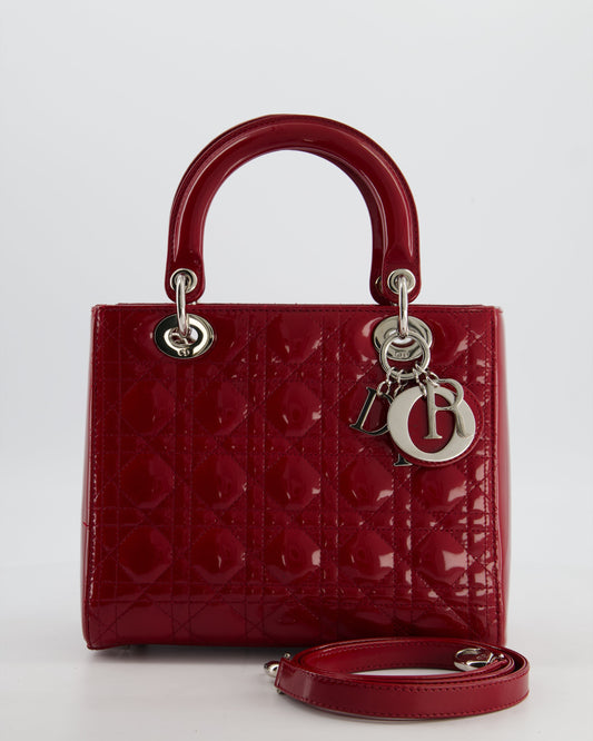 Christian Dior Burgundy Medium Lady Dior Bag in Patent Calfskin Leather with Silver Hardware