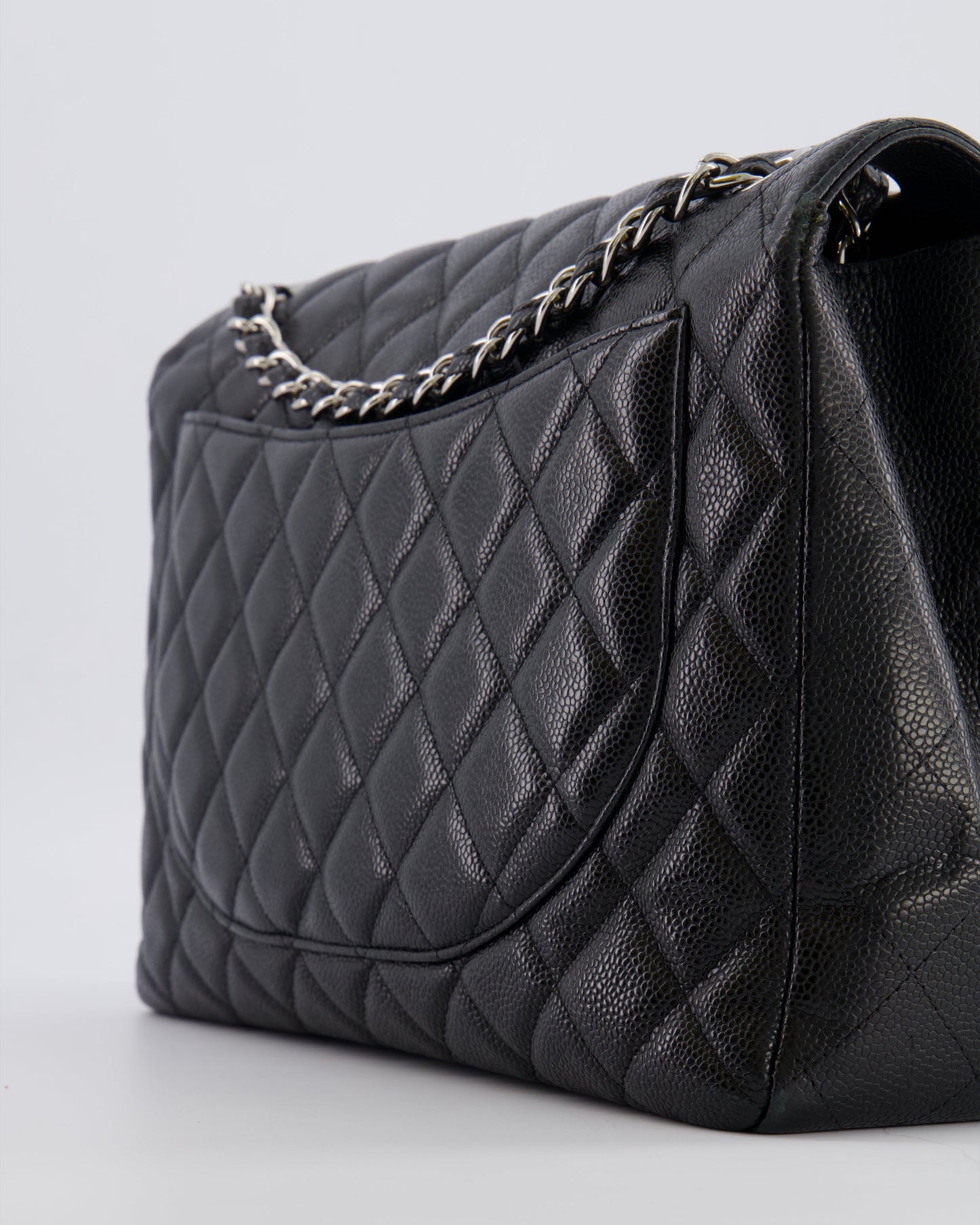 Chanel Black Maxi Classic Single Flap Bag in Caviar Leather with Silver Hardware