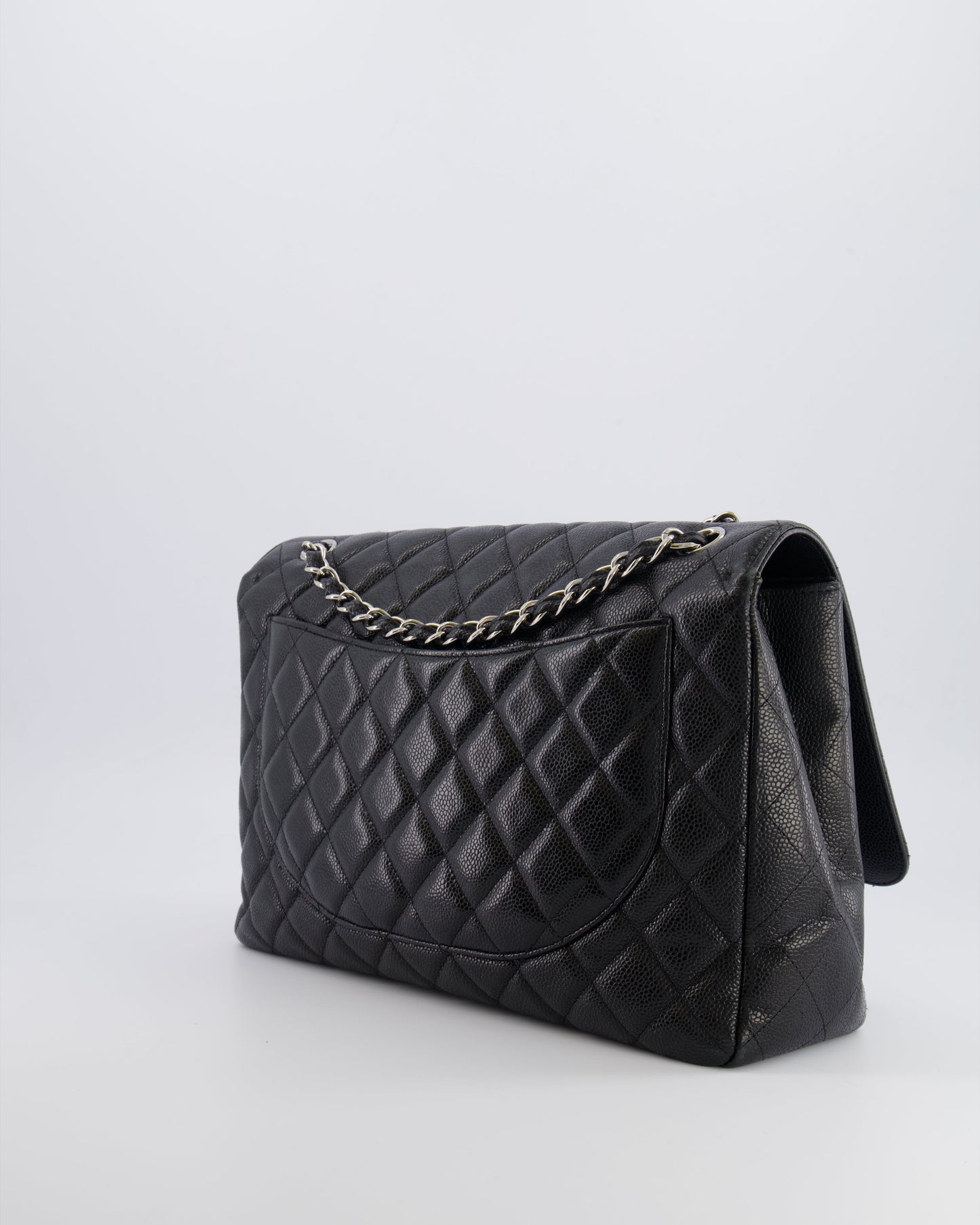 Chanel Black Maxi Classic Single Flap Bag in Caviar Leather with Silver Hardware